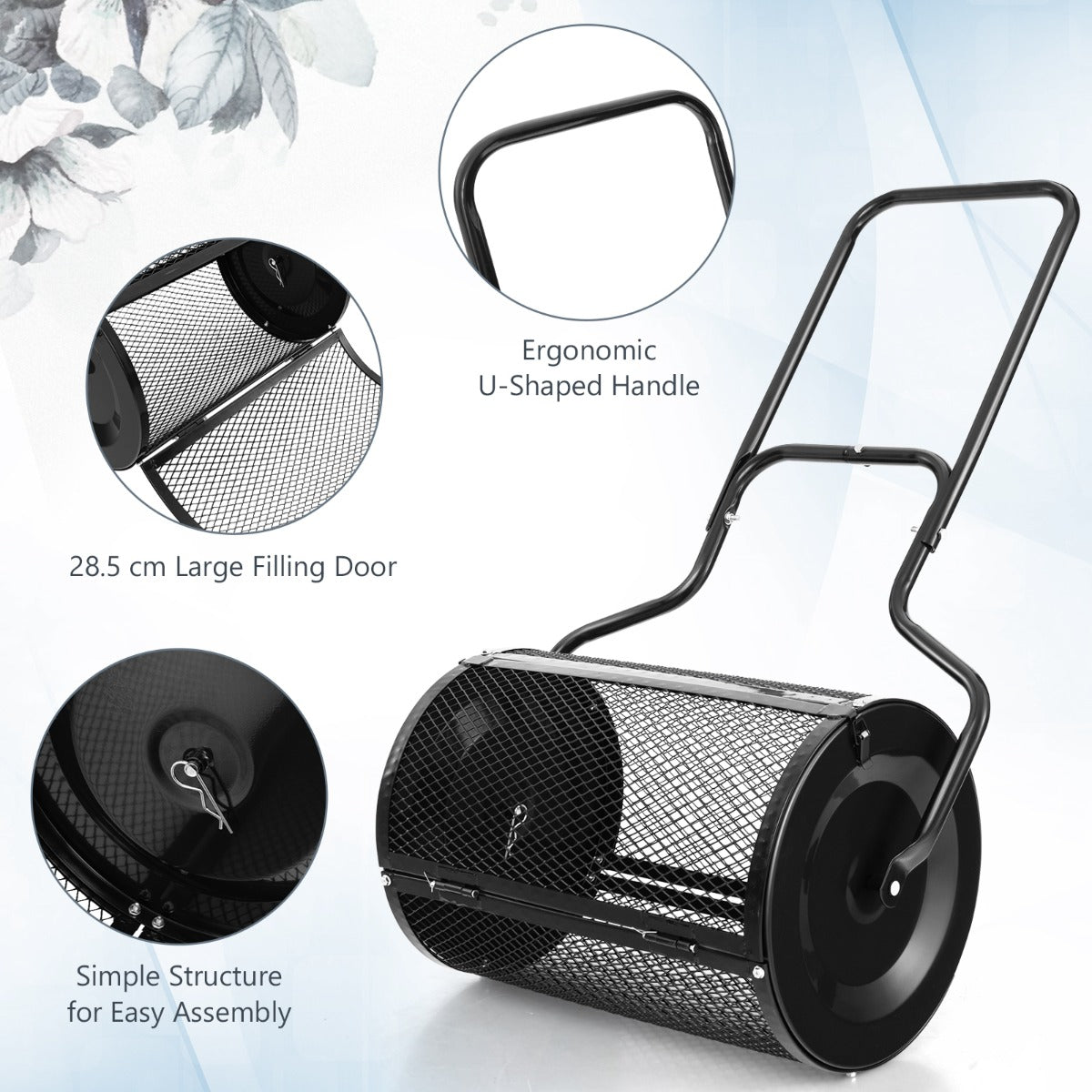 LIVSK Compostverspreider met Dicht Geweven Gaas - 75L Capaciteit - Duurzaam Metaal - U-vormig Handvat - Zwart