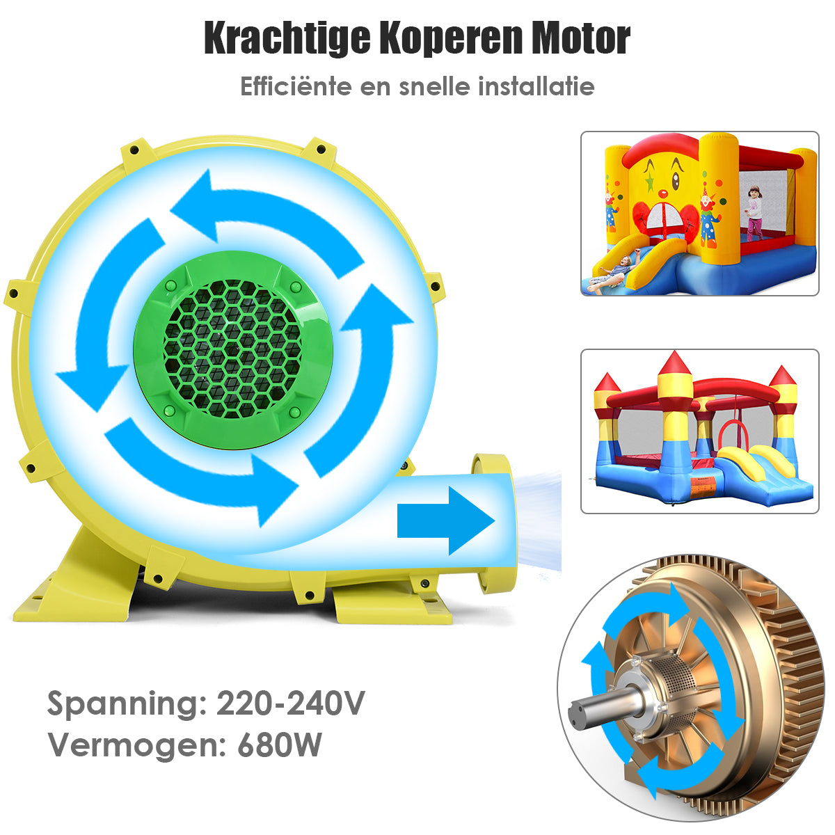 LIVSK 680W Ventilator - Compact en Draagbaar - Veilig Ontwerp - Minimaal Geluid - Voor Springkussens - 220V-240V - Blauw