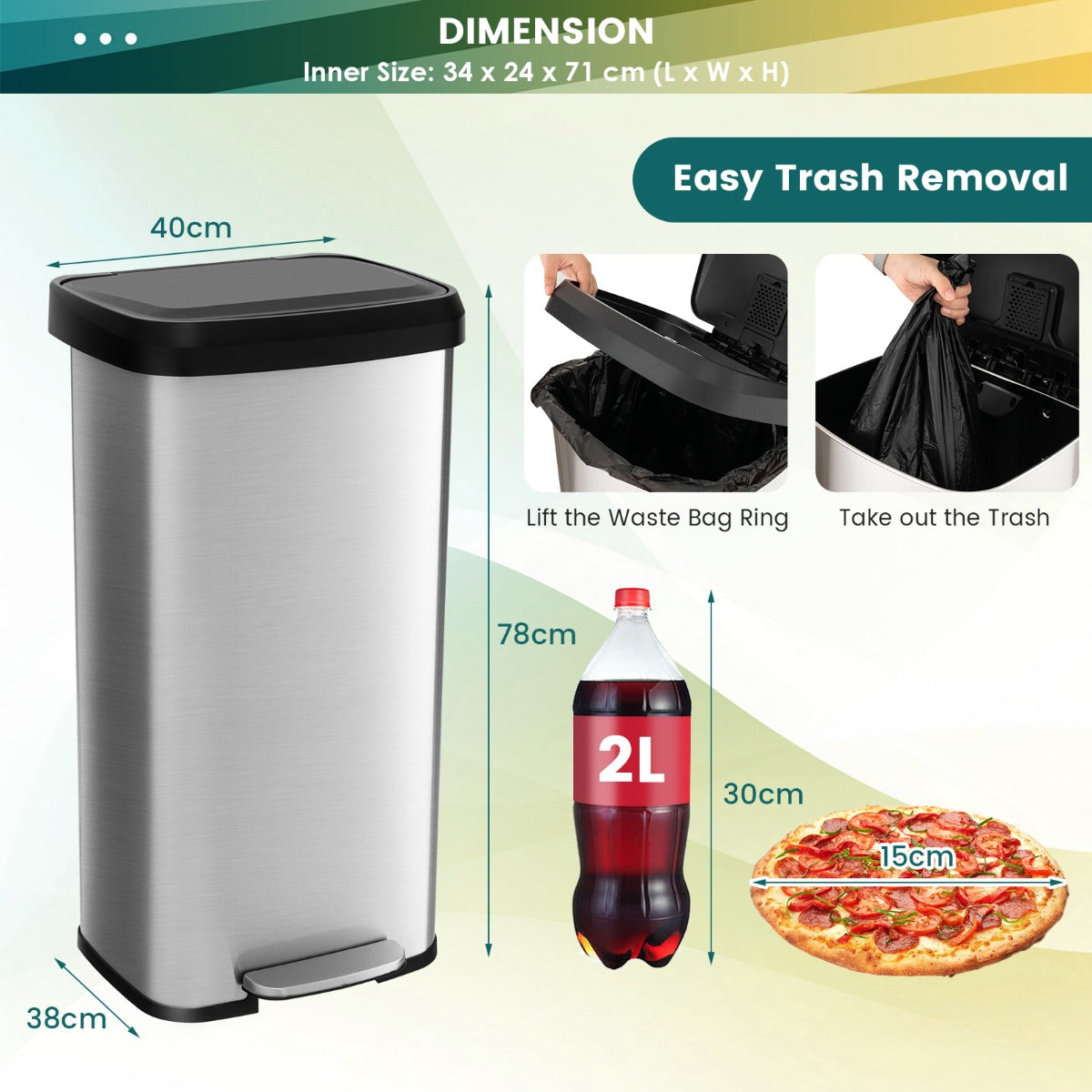 LIVSK Roestvrijstalen Afvalemmer - 68L Capaciteit - Zachtsluitend Deksel - Geurcontrole - Antislip - 40 x 38 x 78 cm - Zilver