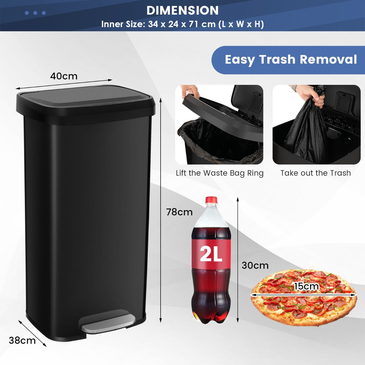 LIVSK Pedaalprullenbak 68L - Zacht Sluitend Deksel - Desodoriseringsvak - Roestvrijstaal - Geruisloos - Antislip Onderkant - Zwart