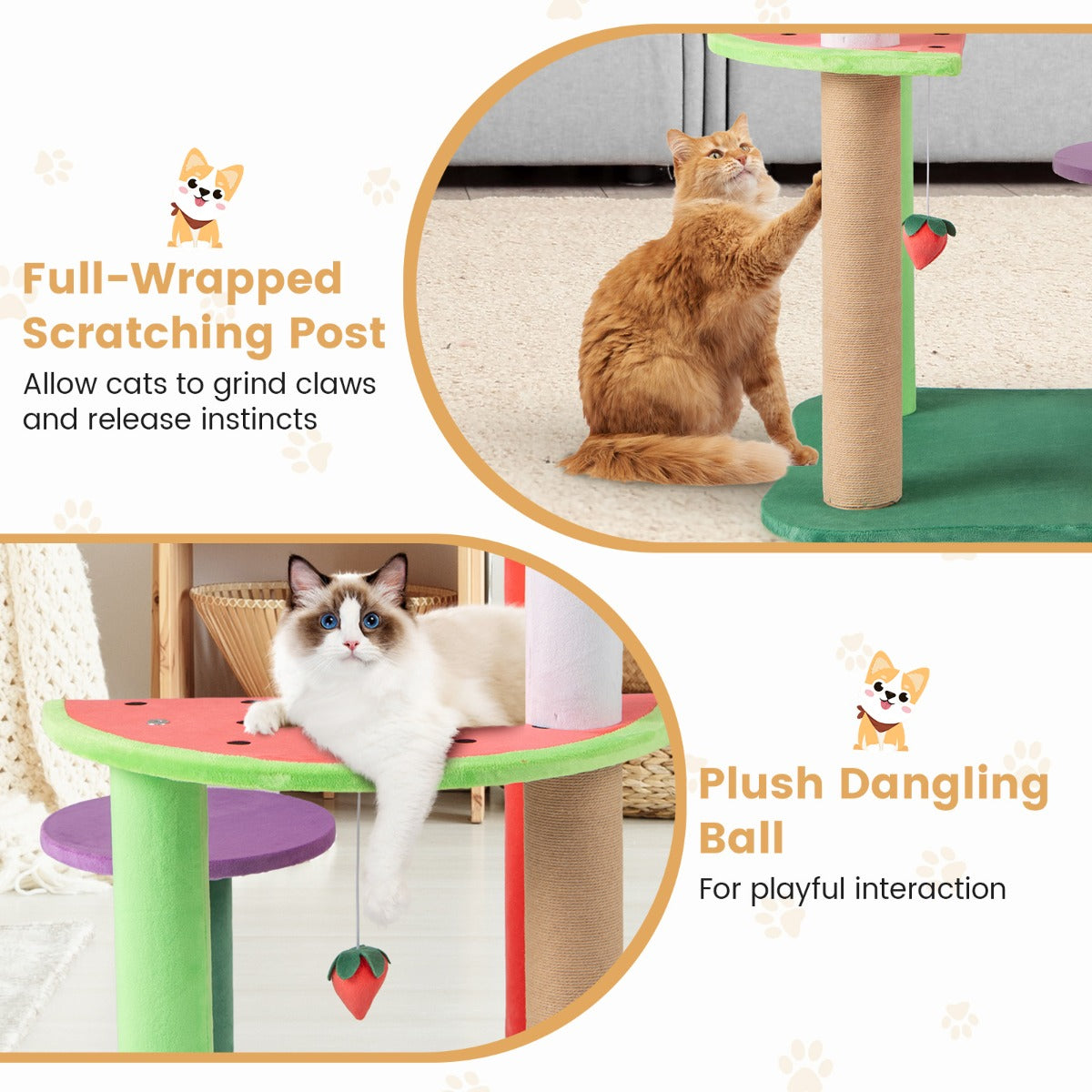 LIVSK Kattentoren met Fruitthema - 4 Niveaus - Pluche Hangende Bal - Speelse Ontwerpen - 69 cm - Veelkleurig