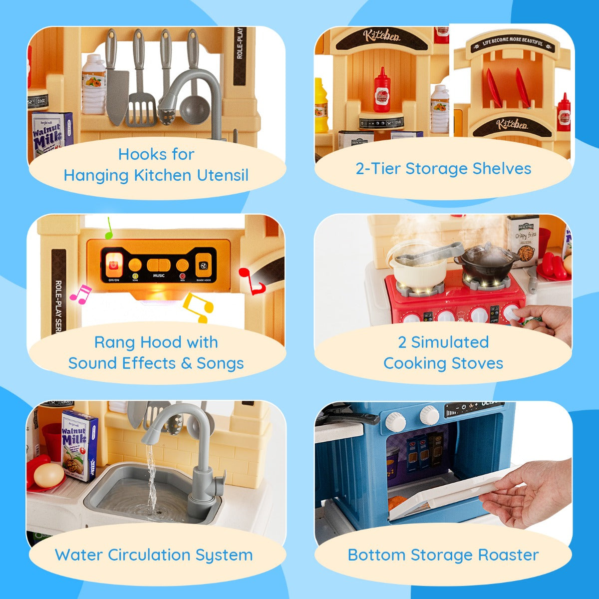LIVSK Kinderkeukenset - 2 Kookplaten met Lichteffecten - Afzuigkap met Geluid en Muziek - 69 Accessoires - Blauw