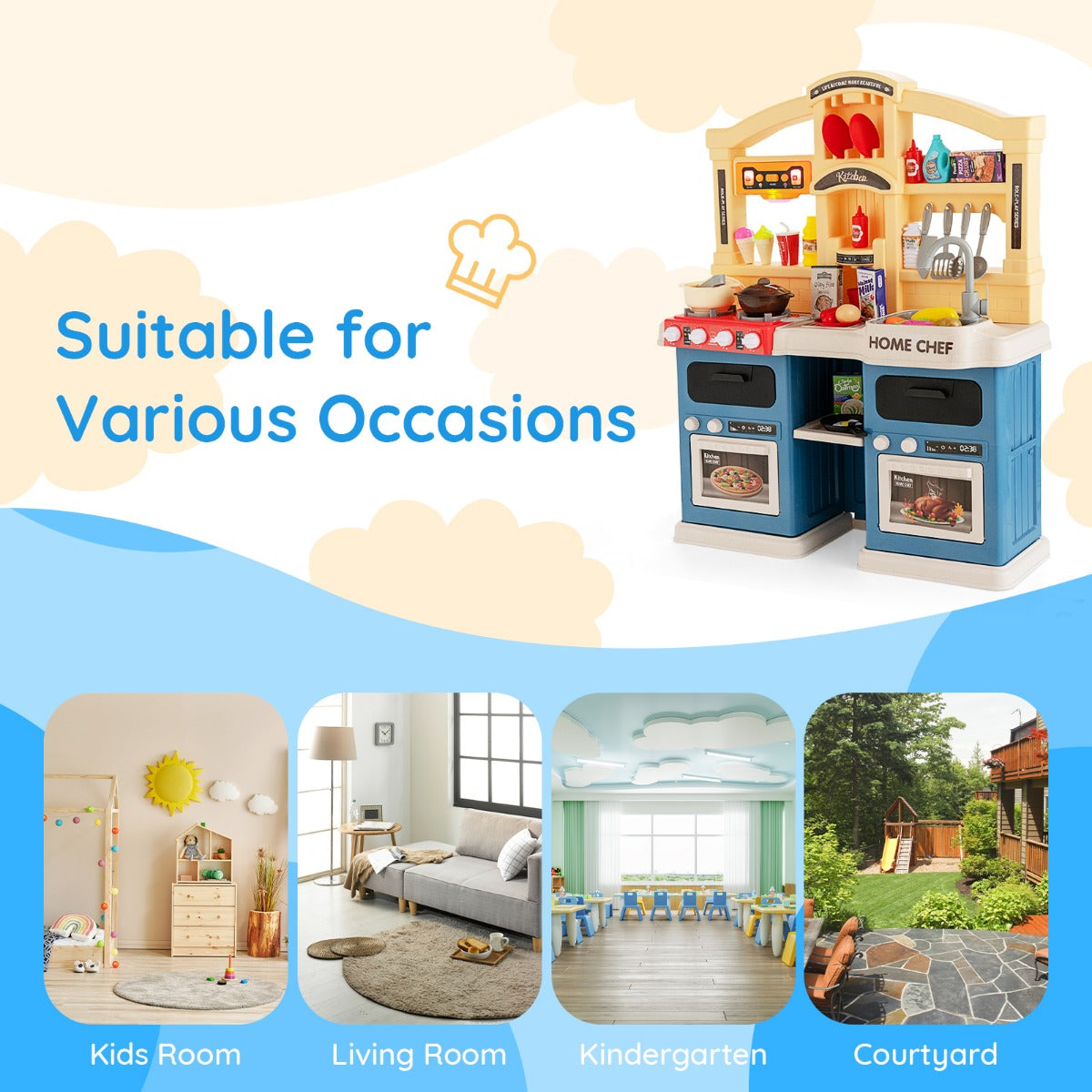 LIVSK Kinderkeukenset - 2 Kookplaten met Lichteffecten - Afzuigkap met Geluid en Muziek - 69 Accessoires - Blauw