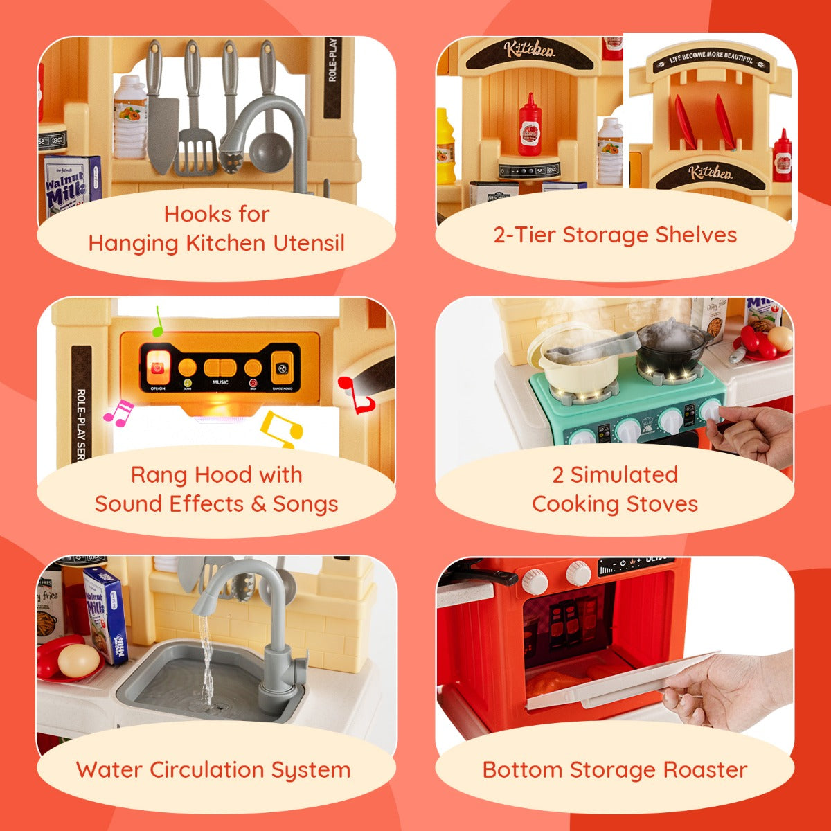 LIVSK Kinderkeuken met 69 Accessoires - Realistische Lichteffecten en Geluiden - Educatief Speelgoed - Oranje