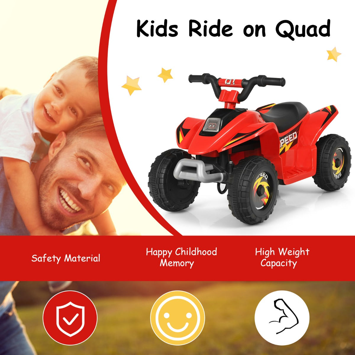 LIVSK Elektrische Quad ATV - Batterij Aangedreven - Vooruit/Achteruit Schakelaar - Slijtvaste Wielen - Tot 30 kg - Rood