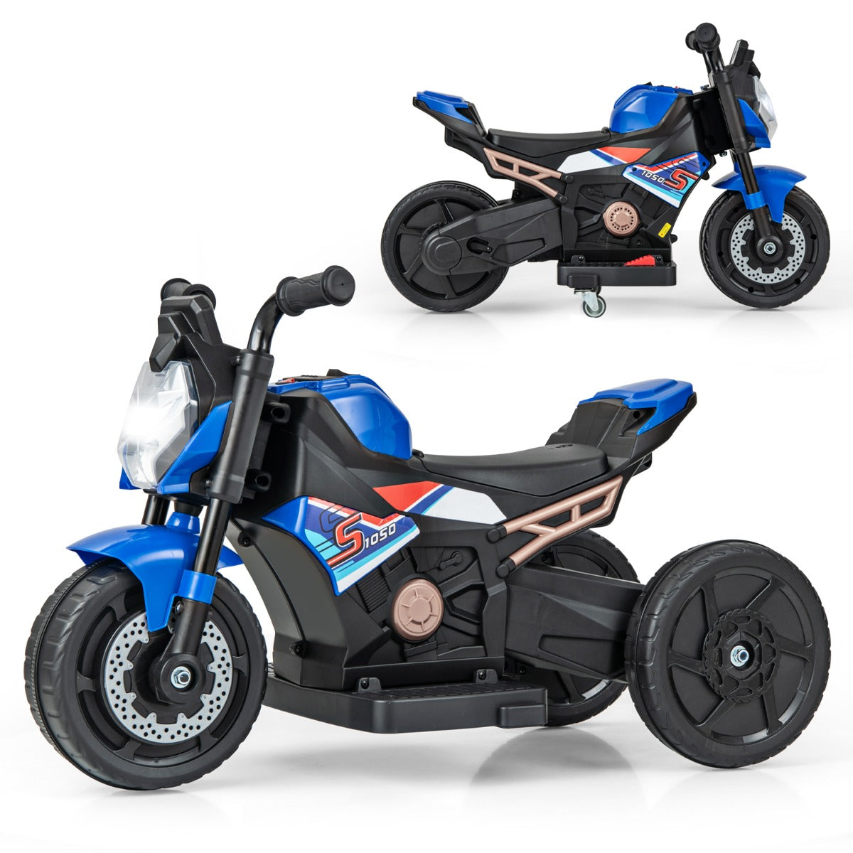 LIVSK Elektrische Kindermotorfiets - 2/3-wielmodus - LED-koplamp en Muziek - Veilig en Comfortabel - Tot 20 kg - Blauw