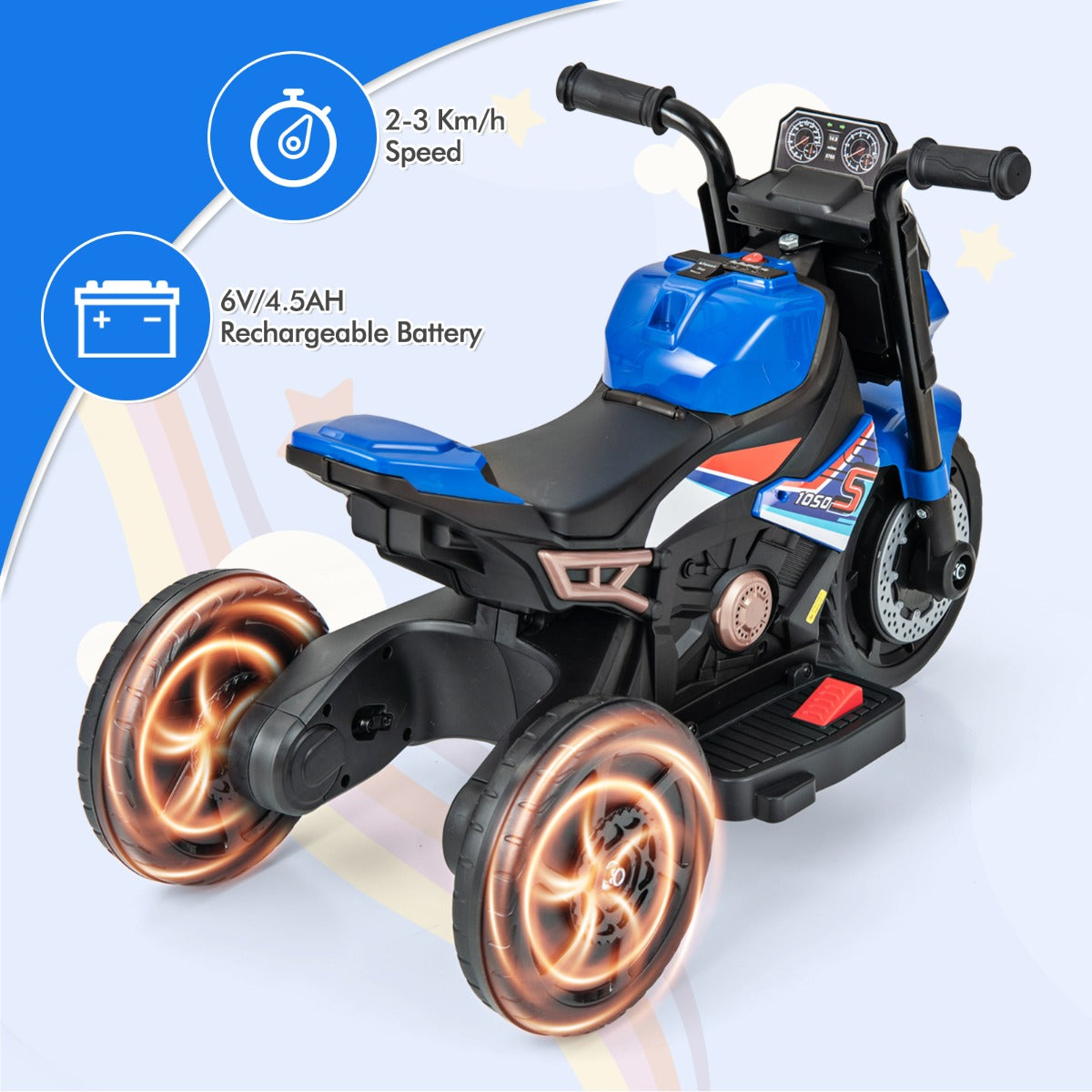 LIVSK Elektrische Kindermotorfiets - 2/3-wielmodus - LED-koplamp en Muziek - Veilig en Comfortabel - Tot 20 kg - Blauw