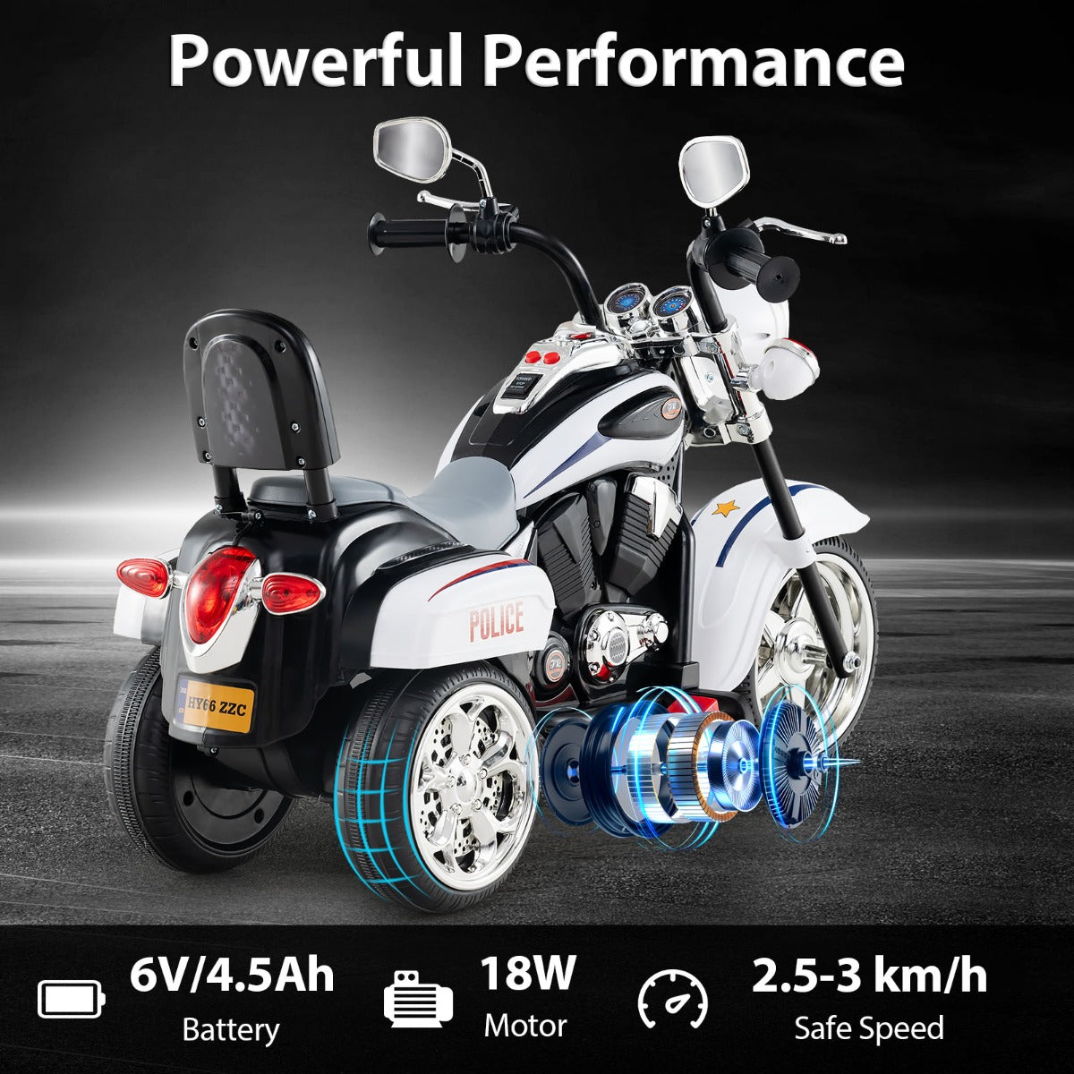LIVSK Kindermotorfiets Politie - 3 Wielen voor Stabiliteit - Heldere Koplampen - Vooruit en Achteruit - Tot 30 kg - Politiewit