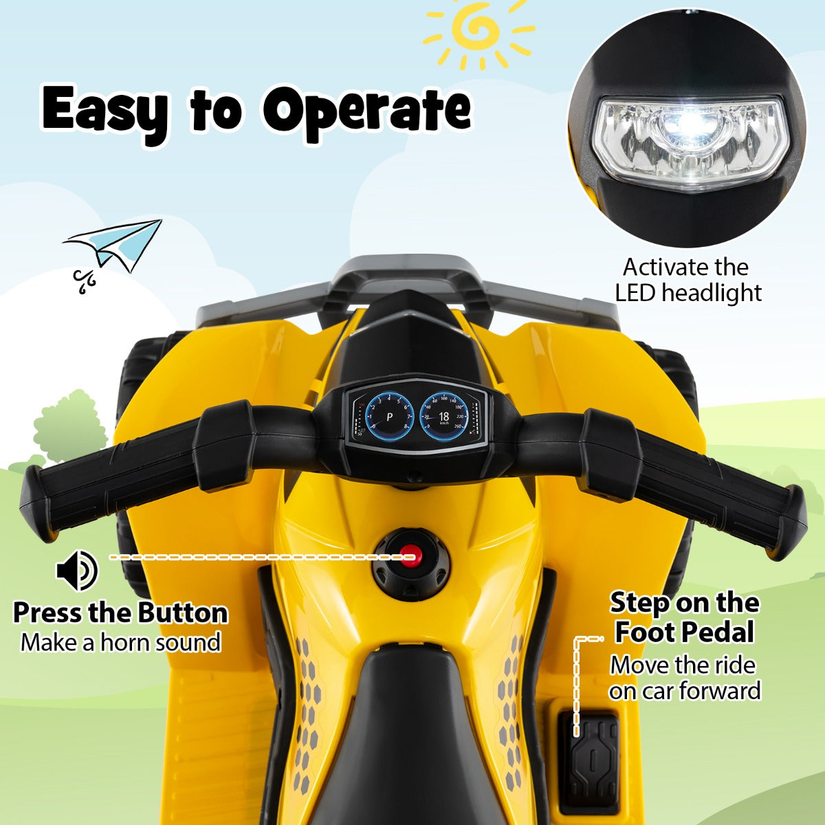 LIVSK Elektrische Quad voor Kinderen - 6V Motor met Claxon en LED-Licht - Veilig tot 25 kg - Voor 18-36 maanden - Geel