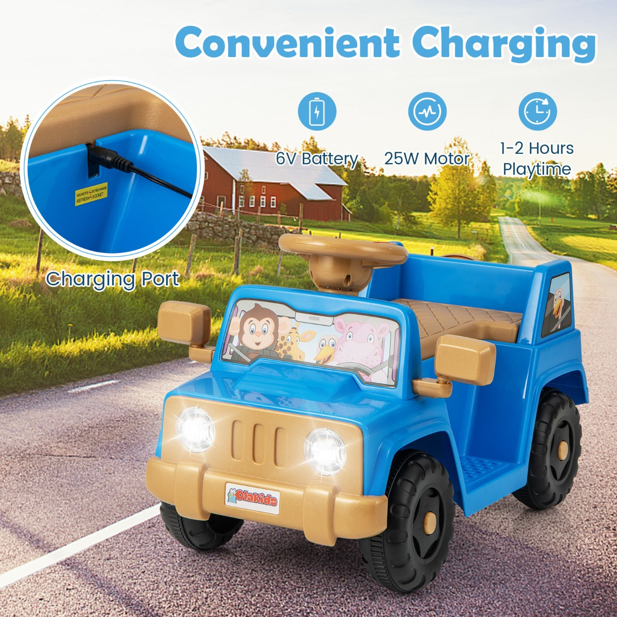 Livsk costway 6v kindervoertuig voor peuters speelgoedauto met geluidseffecten led verlichting en profielbanden kinderauto op batterijen marineblauw 5