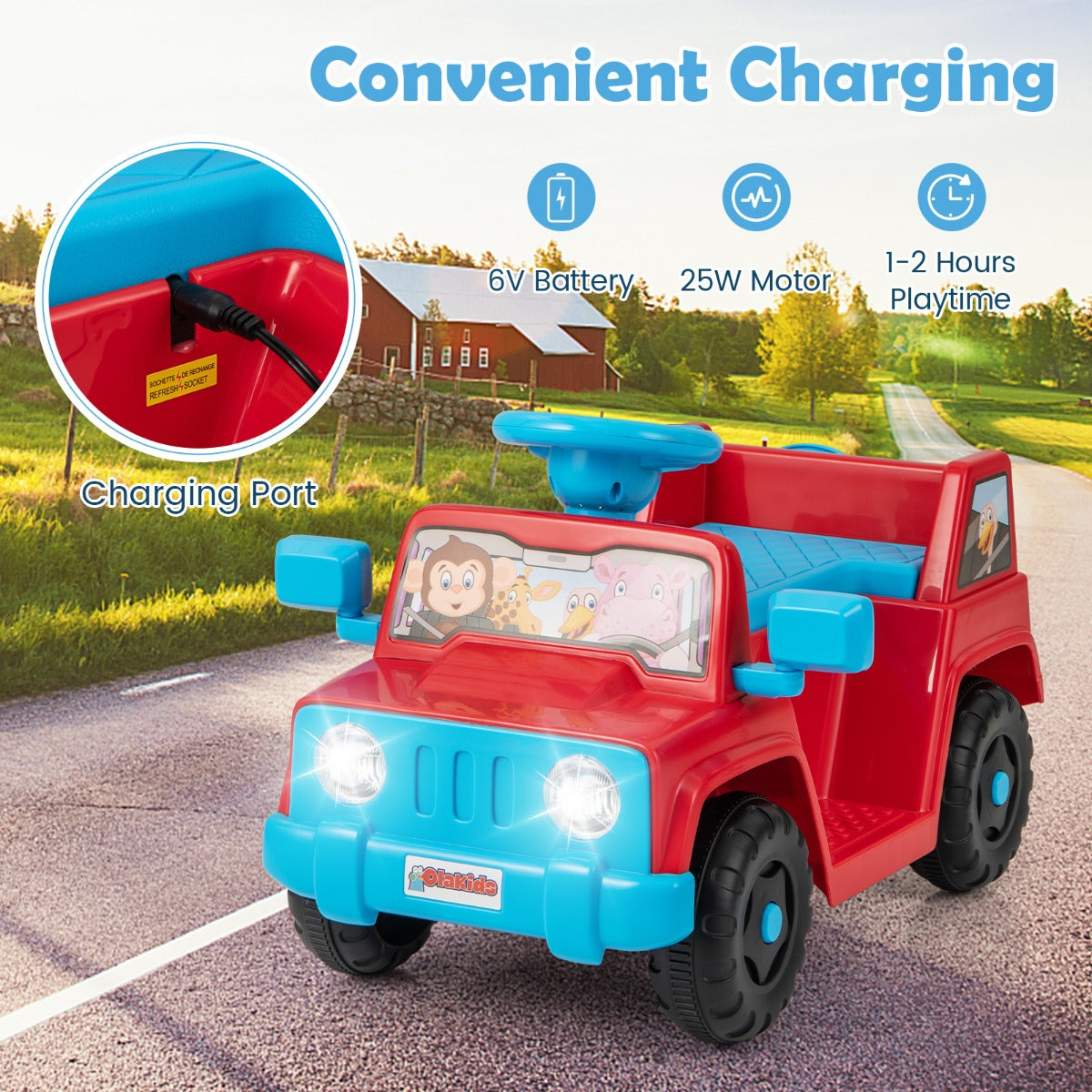 Livsk costway 6v kindervoertuig voor peuters speelgoedauto met geluidseffecten led verlichting en profielbanden kinderauto op batterijen rood 5