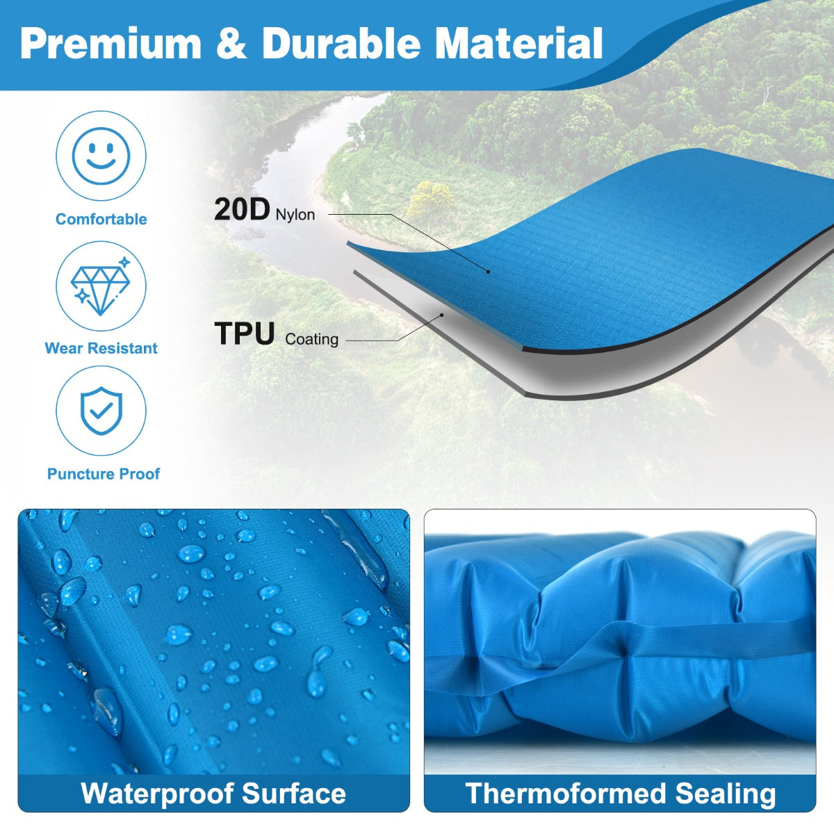 LIVSK Lichtgewicht Opblaasbaar Campingmatras - Waterdicht en Scheurvast - Draagvermogen 100 kg - 197 x 63 x 7 cm - Blauw