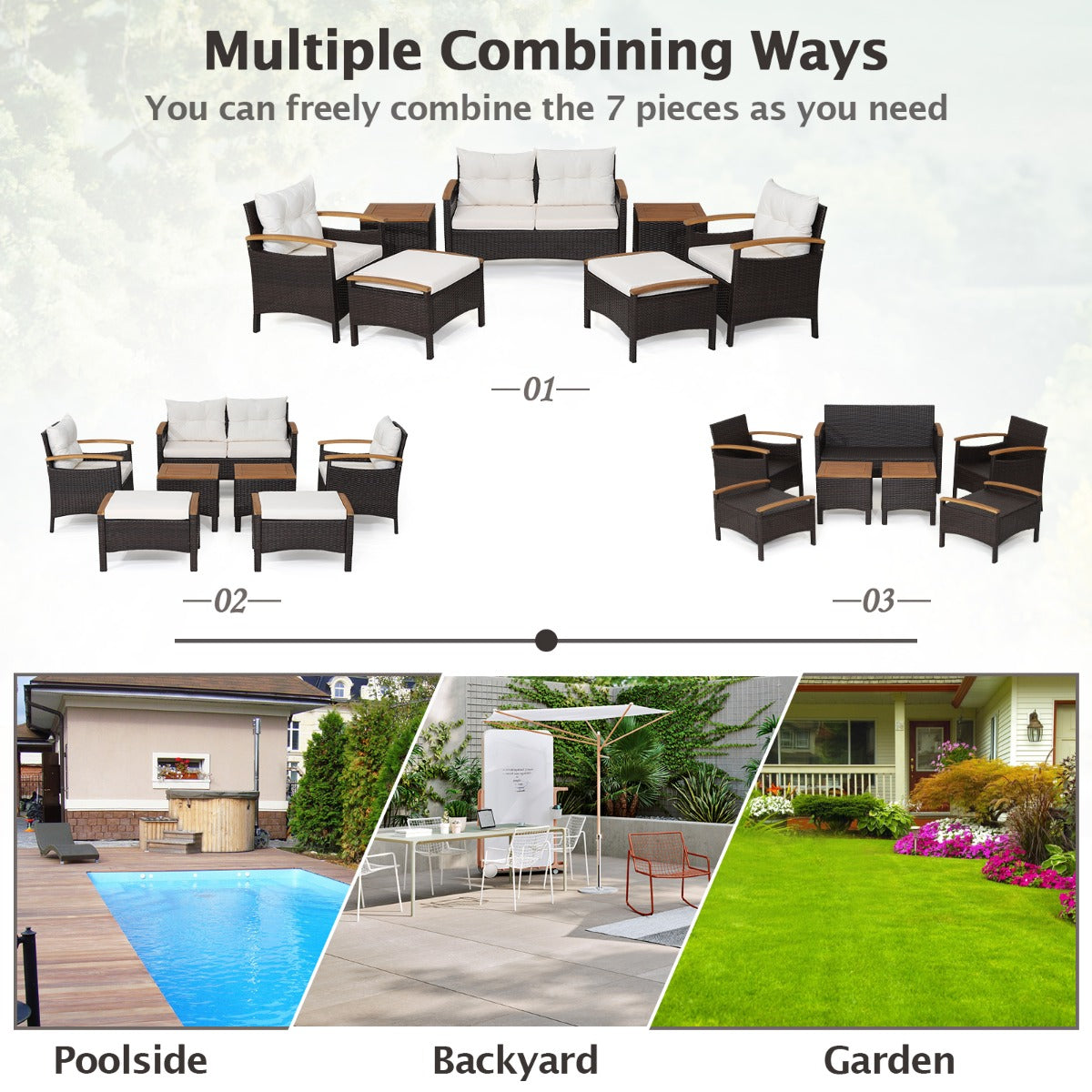 LIVSK 7-delige Rotan Tuinbankset - Tweezitsbank, Eenpersoonsbanken, Poefs, Salontafels - Ergonomisch - Bruin melange - Gebroken