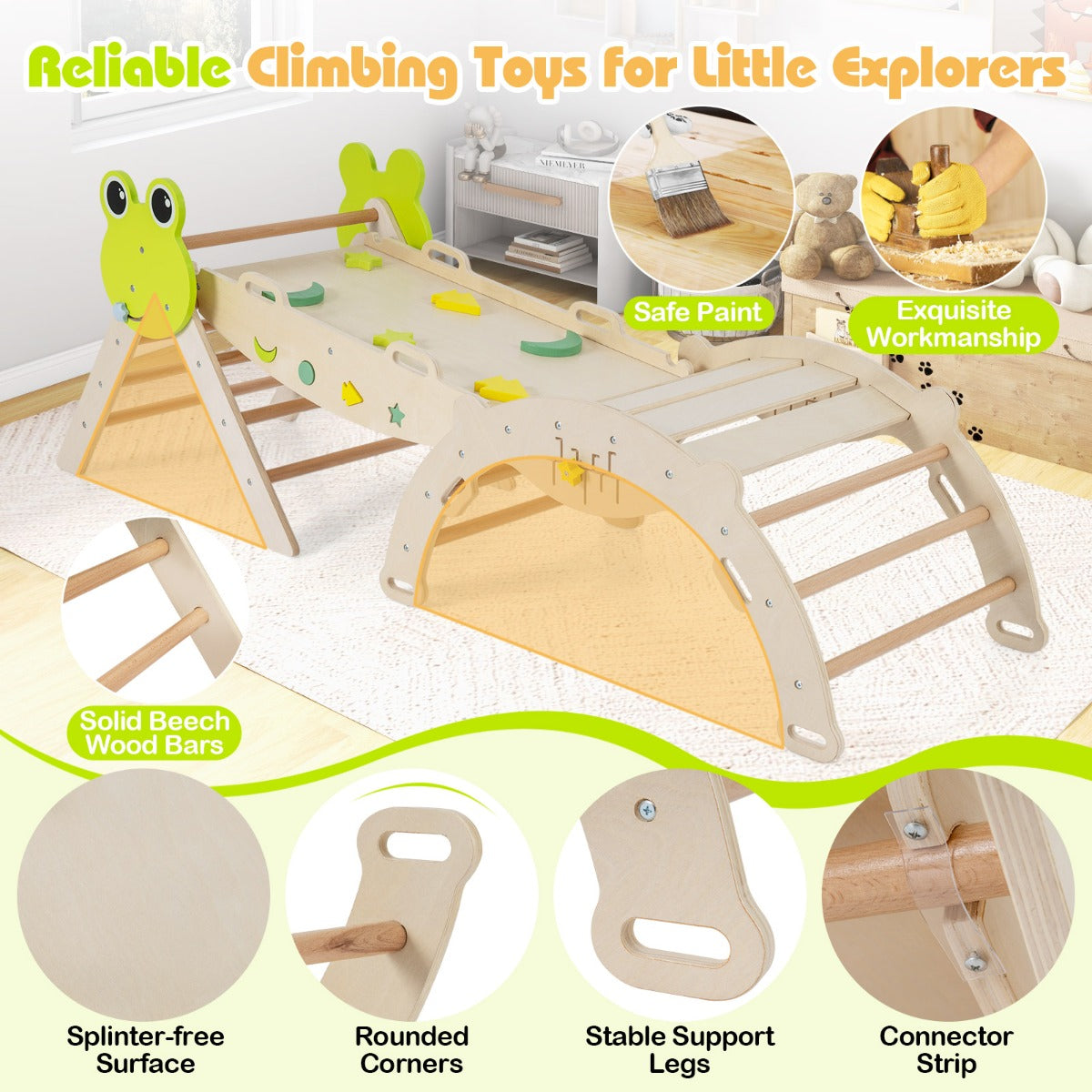 Livsk costway 7 in 1 driehoekige klimset houten montessori klimset met kikker thema naturel 4