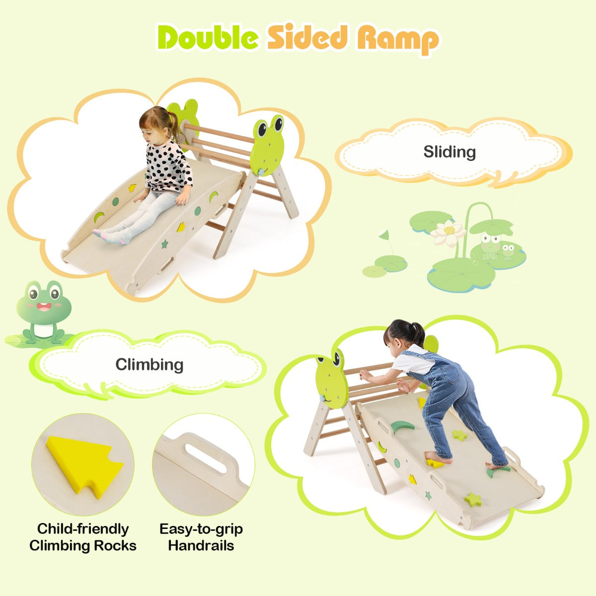 Livsk costway 7 in 1 driehoekige klimset houten montessori klimset met kikker thema naturel 5