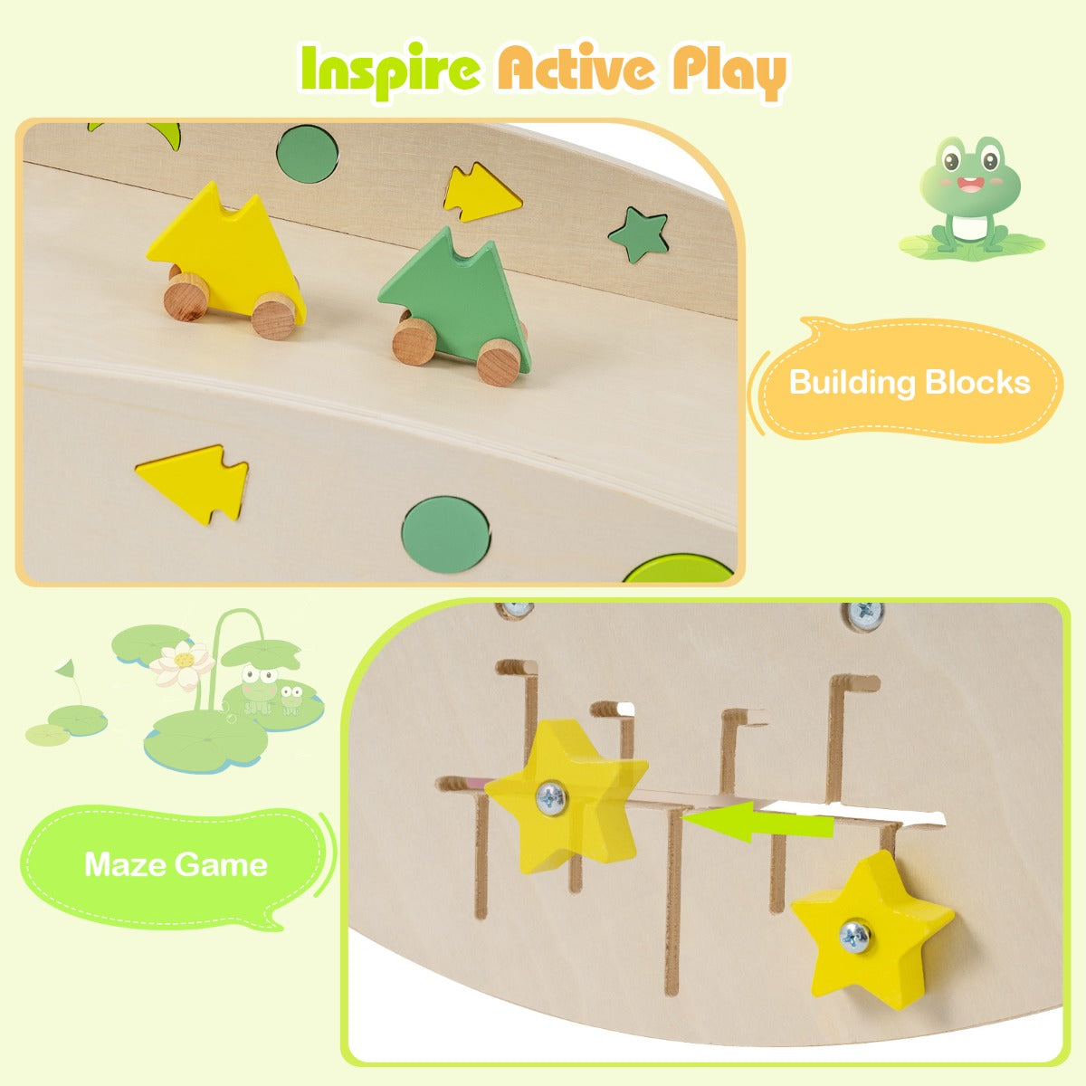 Livsk costway 7 in 1 driehoekige klimset houten montessori klimset met kikker thema naturel 6