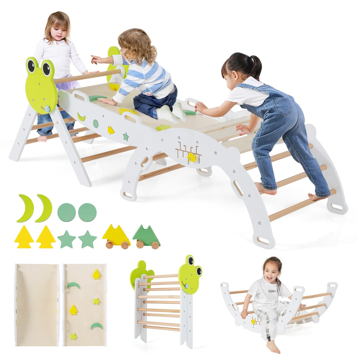 Livsk costway 7 in 1 driehoekige klimset houten montessori klimset met kikker thema wit