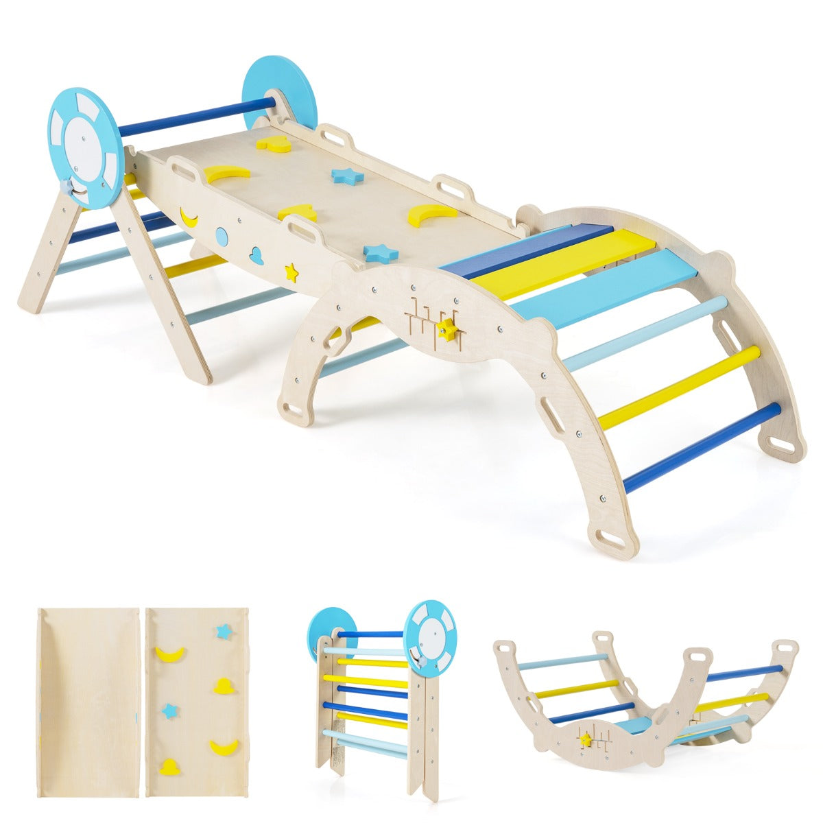 Livsk costway 7 in 1 driehoekige klimset houten montessori klimset met nautisch thema blauw 1 3