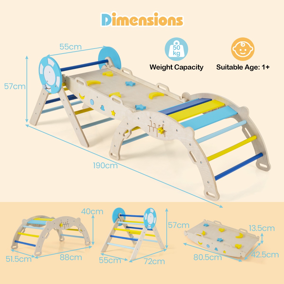 Livsk costway 7 in 1 driehoekige klimset houten montessori klimset met nautisch thema blauw 2 2