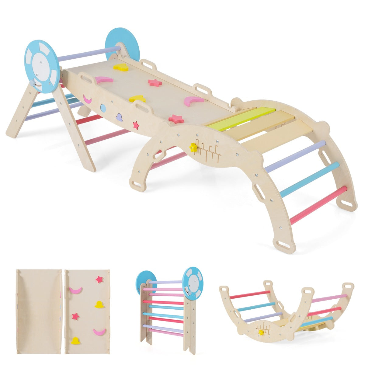 Livsk costway 7 in 1 driehoekige klimset houten montessori klimset met nautisch thema multicolor 1 1