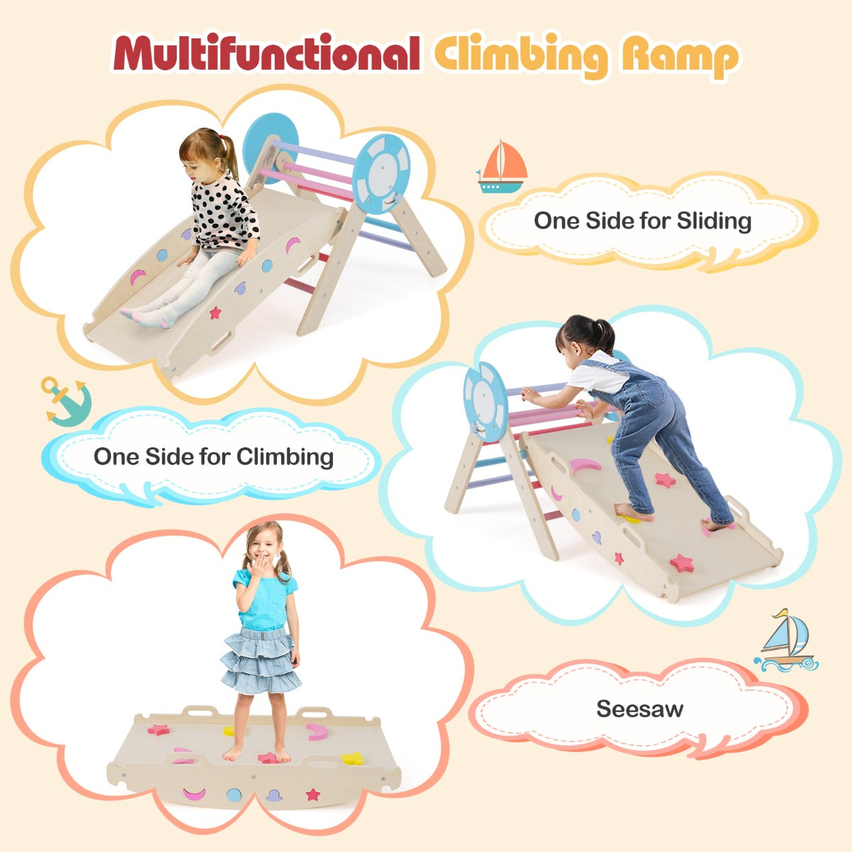 Livsk costway 7 in 1 driehoekige klimset houten montessori klimset met nautisch thema multicolor 4