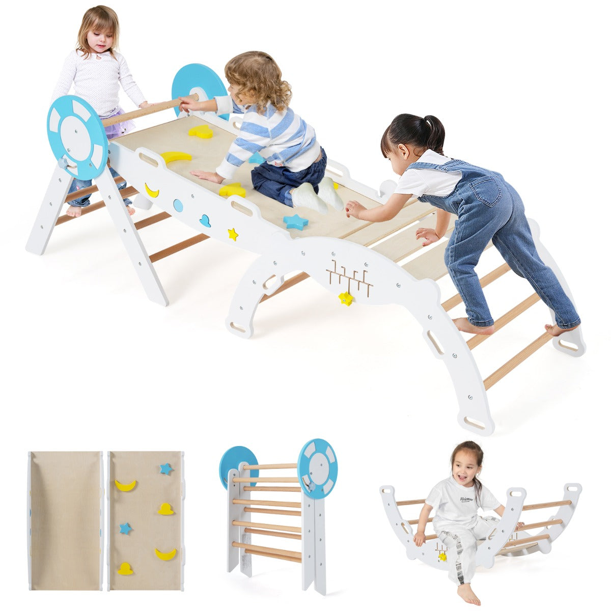 Livsk costway 7 in 1 driehoekige klimset houten montessori klimset met nautisch thema wit