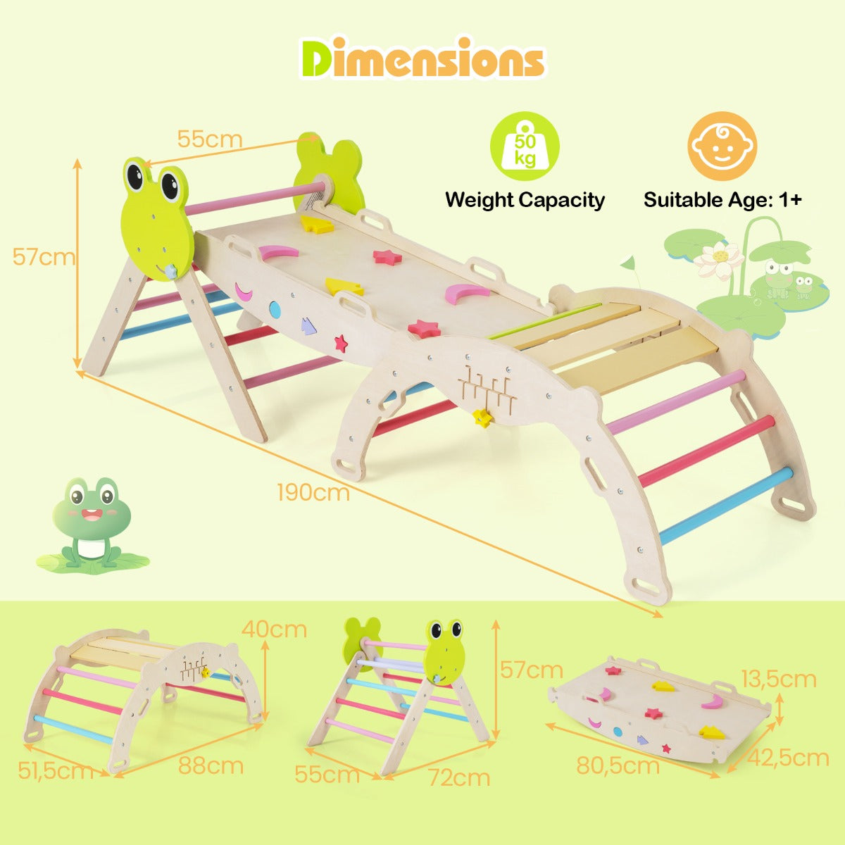 Livsk costway 7 in 1 driehoekige set klimspeelgoed voor peuters met helling ladder en boog houten montessori klimspeelset met kikker thema en doolhofspel 1 1