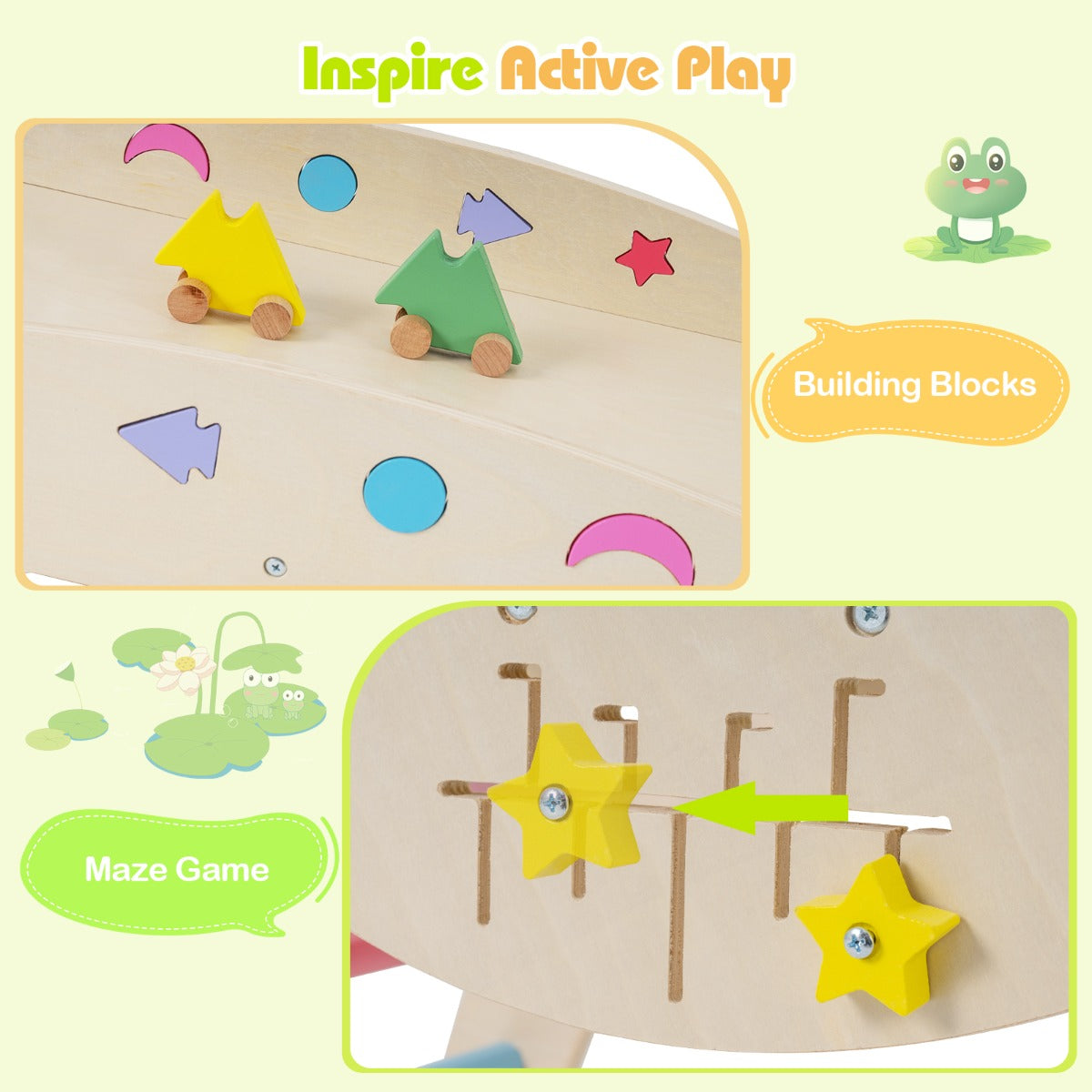 Livsk costway 7 in 1 driehoekige set klimspeelgoed voor peuters met helling ladder en boog houten montessori klimspeelset met kikker thema en doolhofspel 5