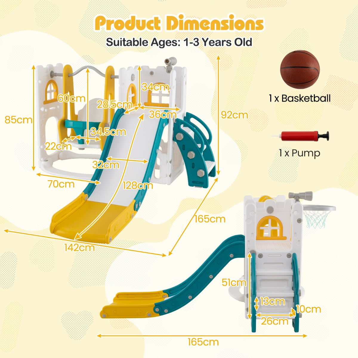 LIVSK 7-in-1 Peuterglijbaan en Schommel Set - Telescoop, Basketbalring, Verstopplek - Veilig en Kleurrijk - Geel en Groen