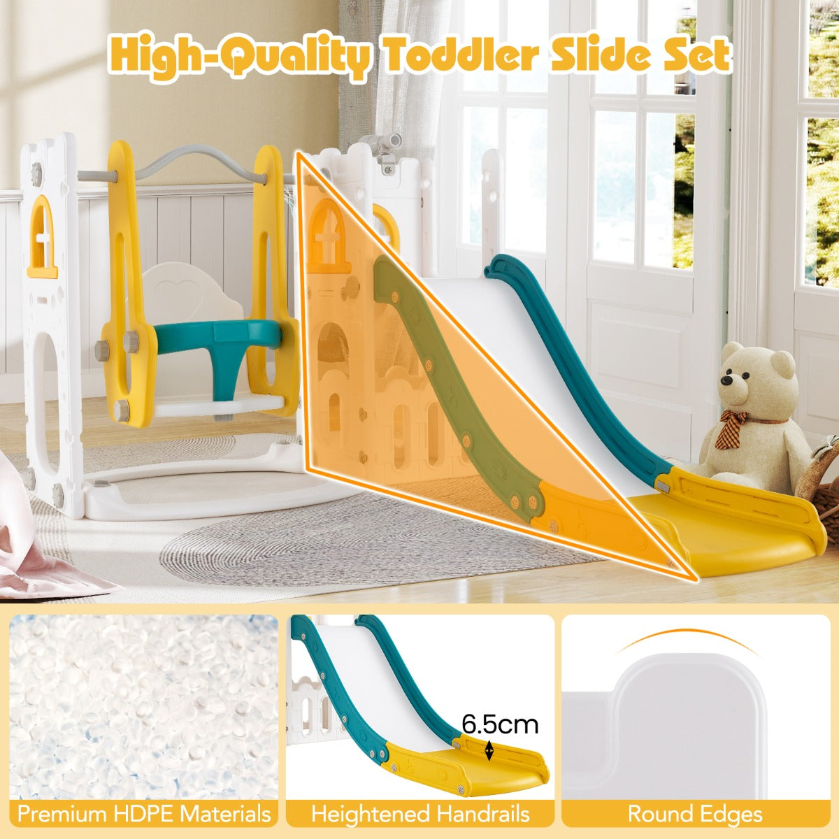 LIVSK 7-in-1 Peuterglijbaan en Schommel Set - Telescoop, Basketbalring, Verstopplek - Veilig en Kleurrijk - Geel en Groen