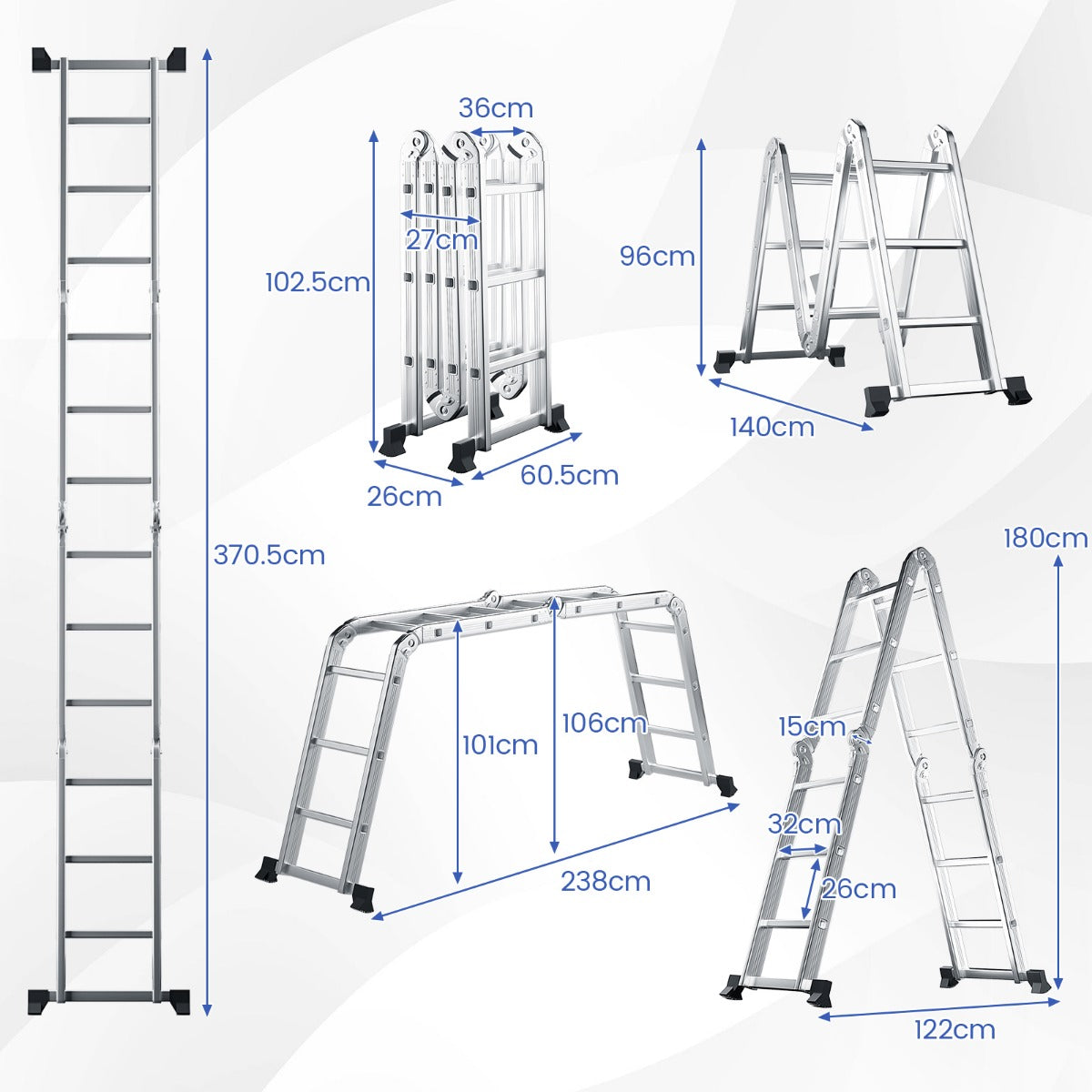 Livsk costway 7 in 1 opvouwbare aluminium ladder 3705 cm hoge multifunctionele ladder met antislip sporten en voetzolen lichtgewicht steigerladder 1 1