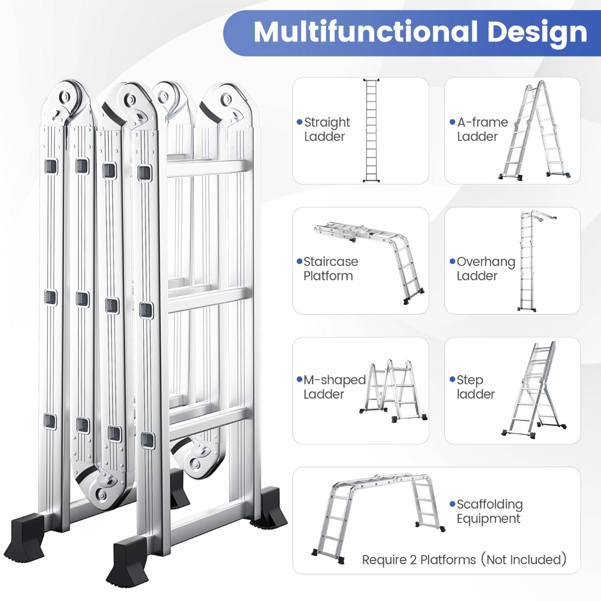 Livsk costway 7 in 1 opvouwbare aluminium ladder 3705 cm hoge multifunctionele ladder met antislip sporten en voetzolen lichtgewicht steigerladder 3