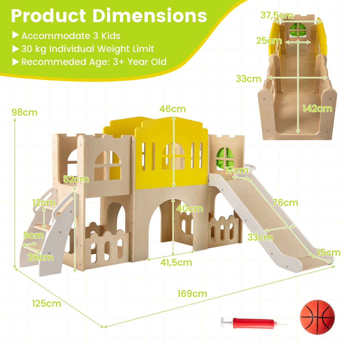 LIVSK 7-in-1 Peuter Glijbaan Set - Kasteelvormig met Basketbalring - Verhoogde Leuningen - Veilig Hout - Geschikt voor 3 Kinderen