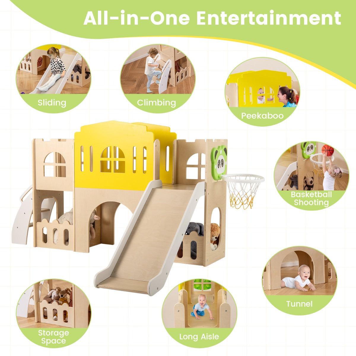 LIVSK 7-in-1 Peuter Glijbaan Set - Kasteelvormig met Basketbalring - Verhoogde Leuningen - Veilig Hout - Geschikt voor 3 Kinderen