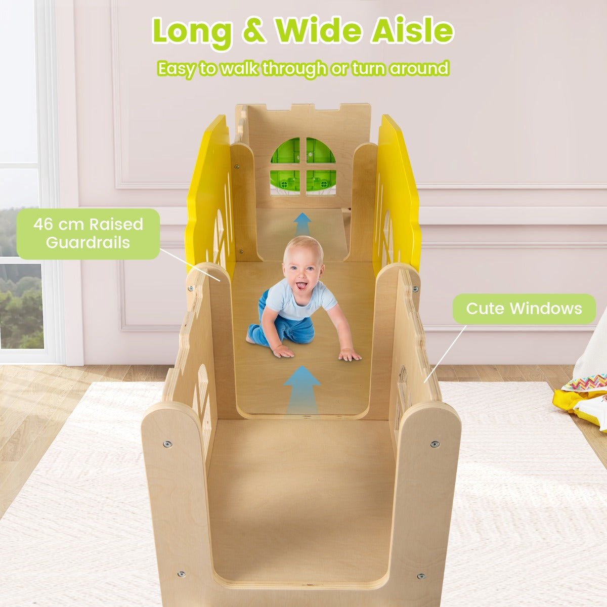 LIVSK 7-in-1 Peuter Glijbaan Set - Kasteelvormig met Basketbalring - Verhoogde Leuningen - Veilig Hout - Geschikt voor 3 Kinderen