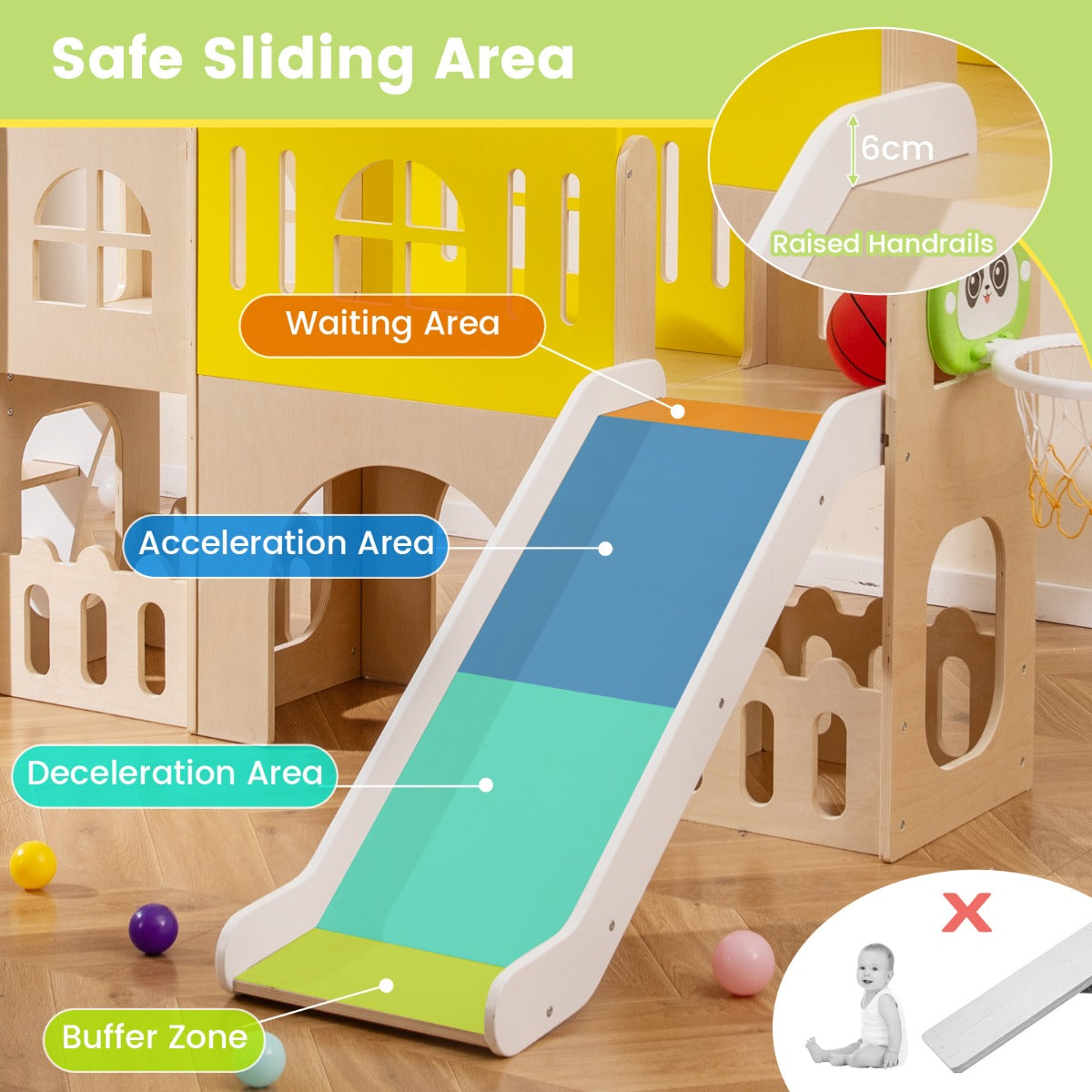 LIVSK 7-in-1 Peuter Glijbaan Set - Kasteelvormig met Basketbalring - Verhoogde Leuningen - Veilig Hout - Geschikt voor 3 Kinderen