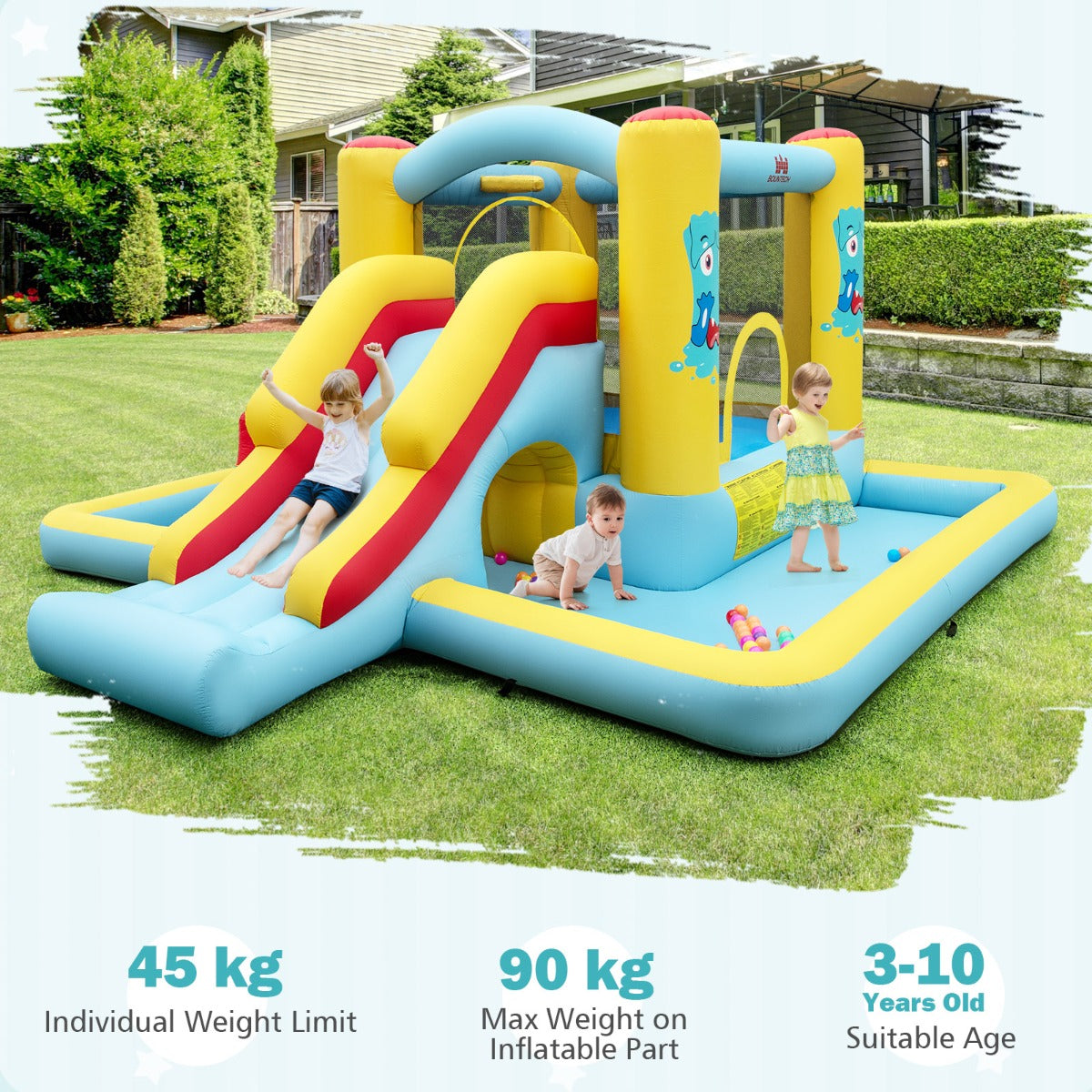 LIVSK 7-in-1 Speelkasteel voor Kinderen - Opblaasbaar met Veilige Gaaswanden - Inclusief Basketbal en Ocean Balls - Tot 90 kg -