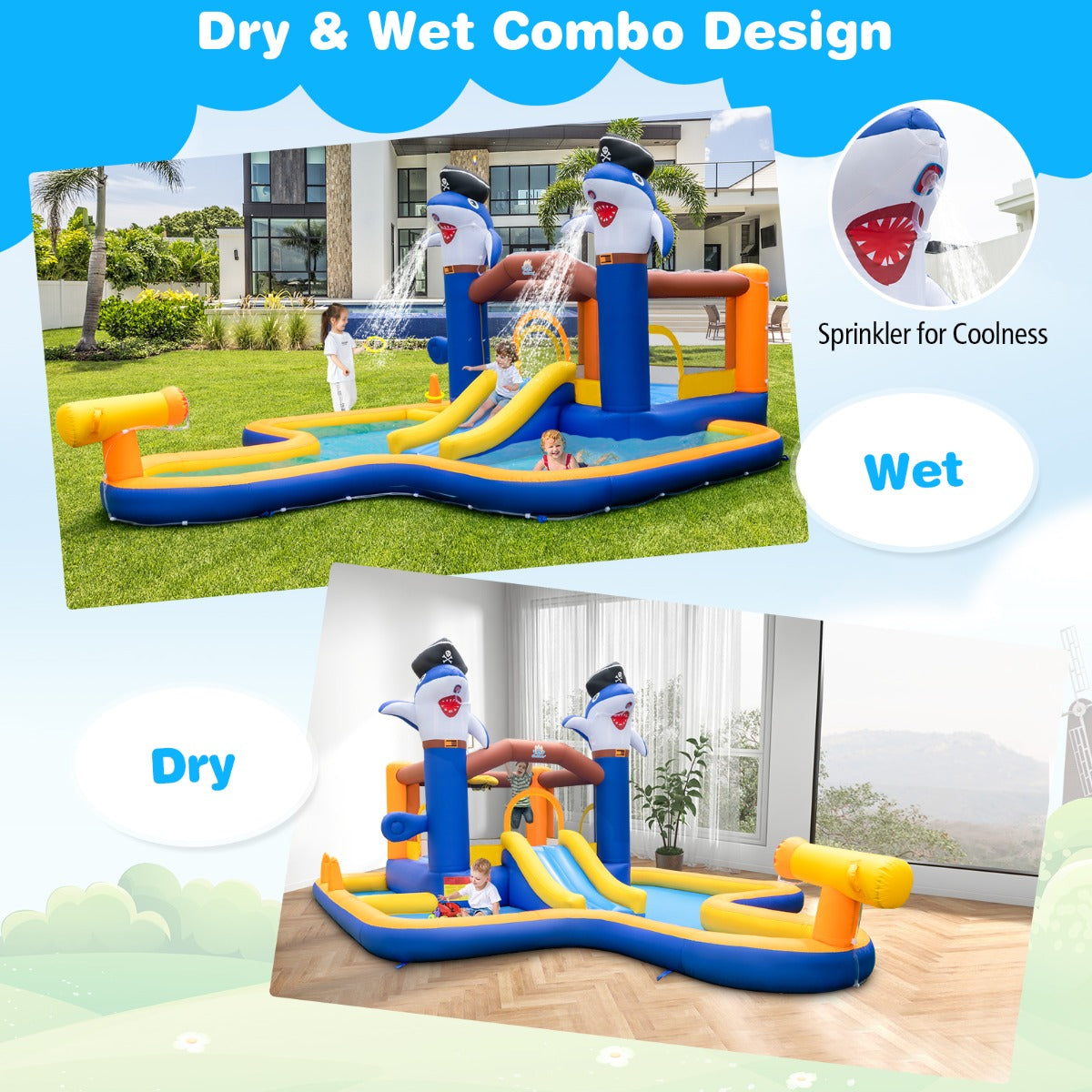 LIVSK Springkasteel met Waterglijbaan - Voor Binnen en Buiten - Veilig Speelplezier - Duurzaam PVC-Oxford - Geschikt voor 2