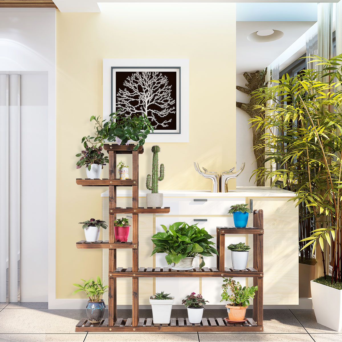 LIVSK Multifunctioneel Plantenrek - Massief Dennenhout - 7 Niveaus - Holle Planken - Eenvoudige Montage - Bruin