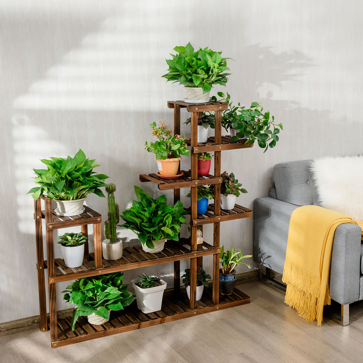 LIVSK Multifunctioneel Plantenrek - Massief Dennenhout - 7 Niveaus - Holle Planken - Eenvoudige Montage - Bruin