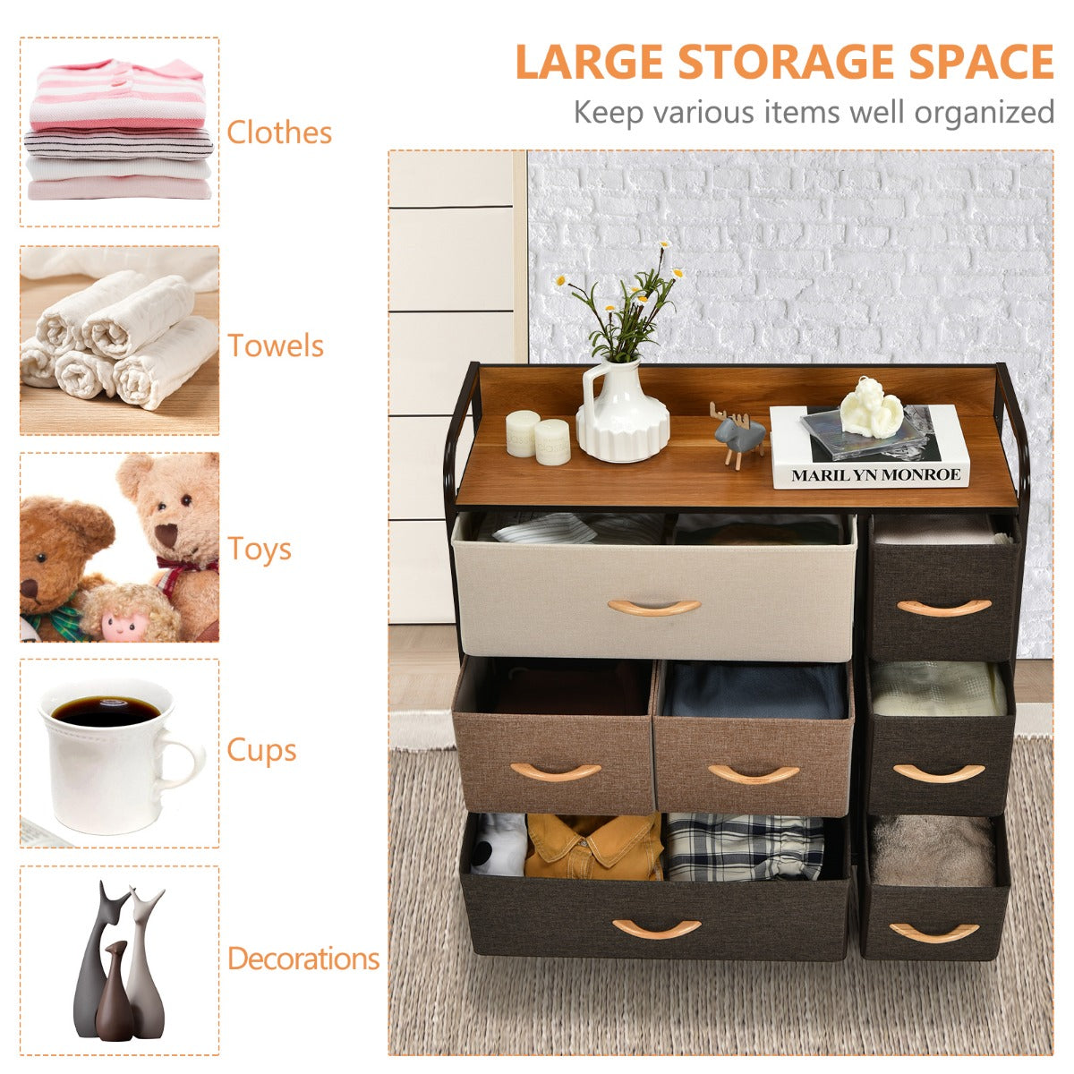 LIVSK Opvouwbare Opbergtoren met 7 Laden - Stevig Stalen Frame - Waterbestendig MDF - Modern Design - 80 x 29 x 79 cm - Bruin
