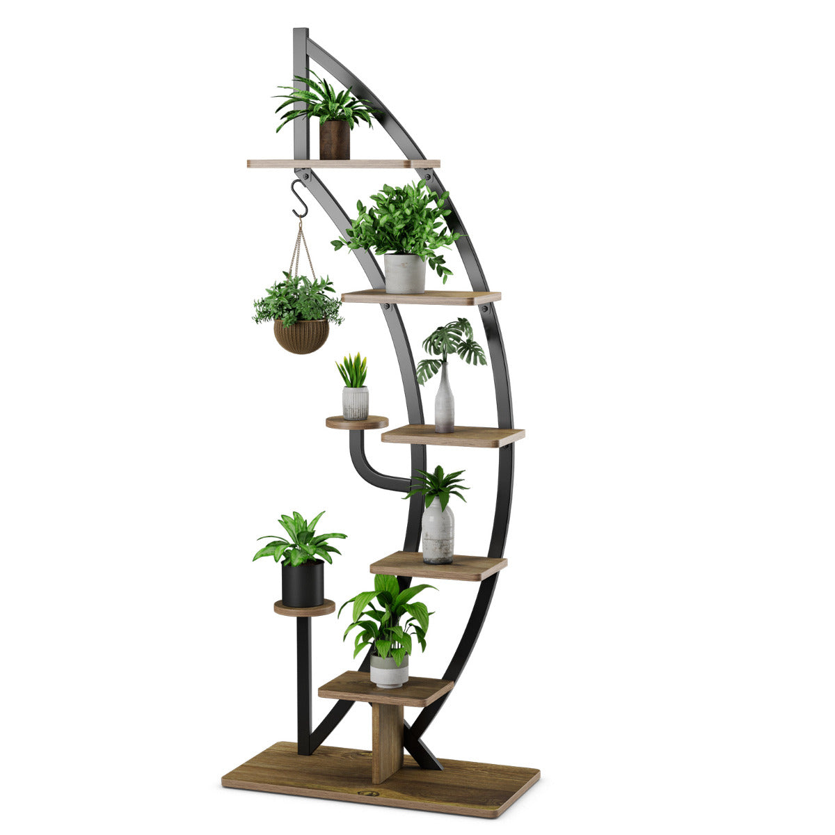 LIVSK 7-laags Metalen Bloemenplank - Gebogen Halve Maan Ontwerp - Stevig Staal met Anti-kantelmechanisme - 60 x 30 x 155 cm -