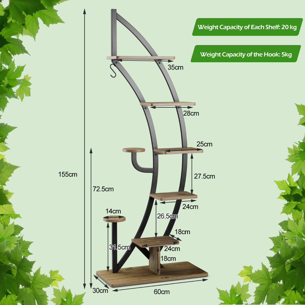 LIVSK 7-laags Metalen Bloemenplank - Gebogen Halve Maan Ontwerp - Stevig Staal met Anti-kantelmechanisme - 60 x 30 x 155 cm -