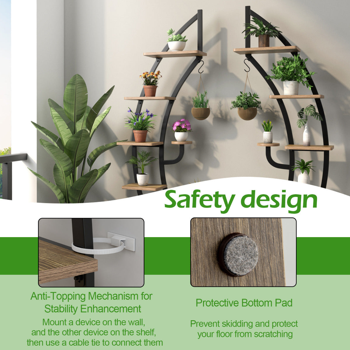 LIVSK 7-laags Metalen Bloemenplank - Gebogen Halve Maan Ontwerp - Stevig Staal met Anti-kantelmechanisme - 60 x 30 x 155 cm -