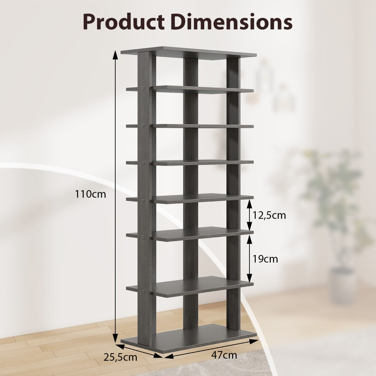 Livsk costway 7 niveaus dubbele rij schoenenrek verticale houten schoenorganizer schoenenopslag 47 x 255 x 110 cm rustiek grijs 1 1