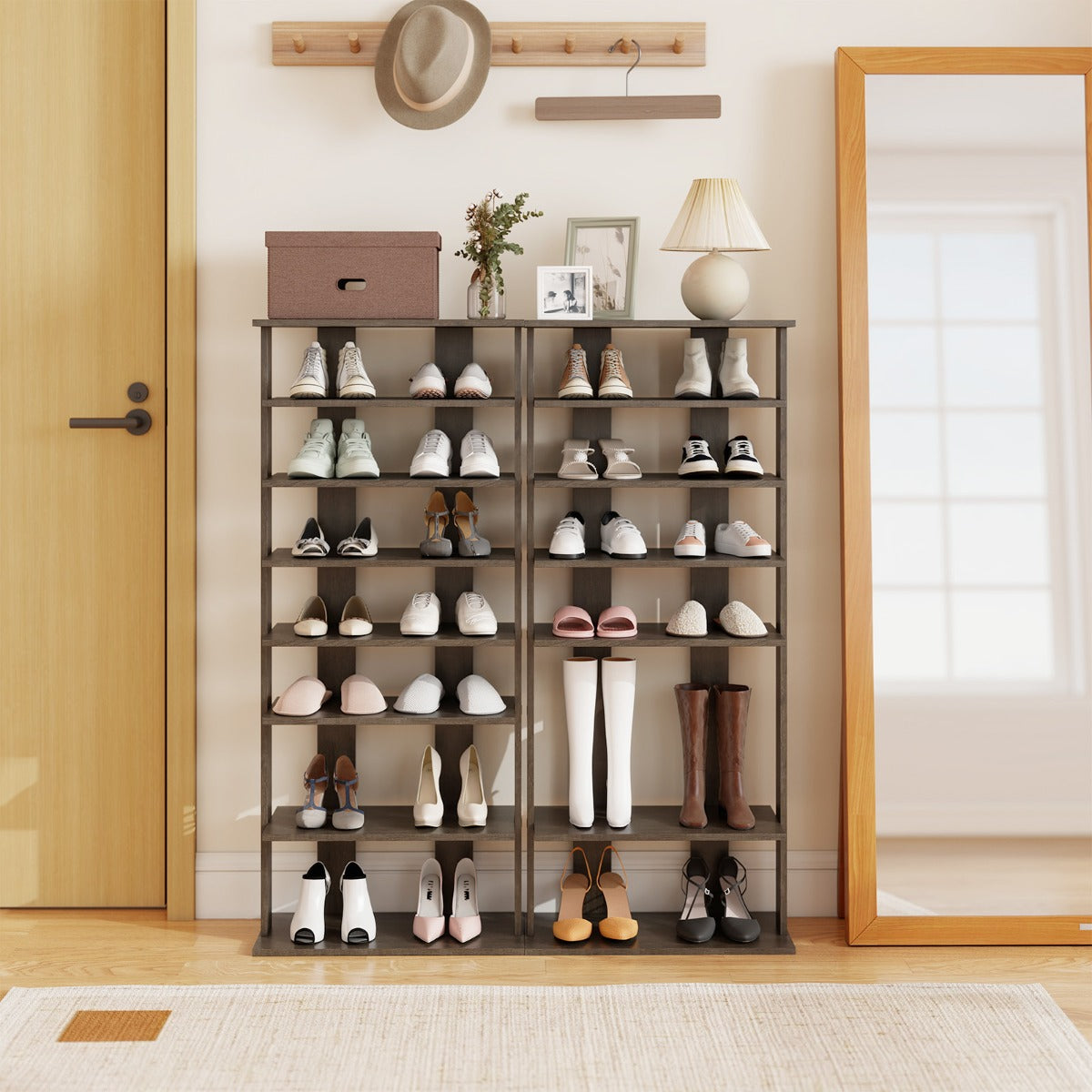 Livsk costway 7 niveaus dubbele rij schoenenrek verticale houten schoenorganizer schoenenopslag 47 x 255 x 110 cm rustiek grijs 6