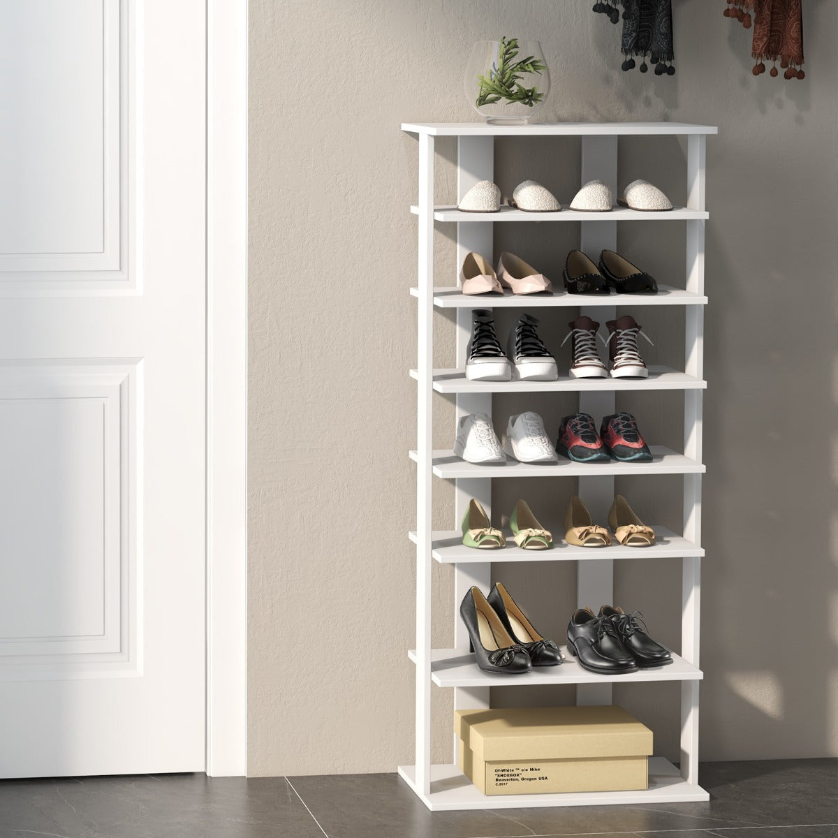 LIVSK Verticaal Schoenenrek - 7 Niveaus Dubbele Rij - Verwijderbare Planken - Ruimtebesparend - 47 x 25,5 x 110 cm - Wit