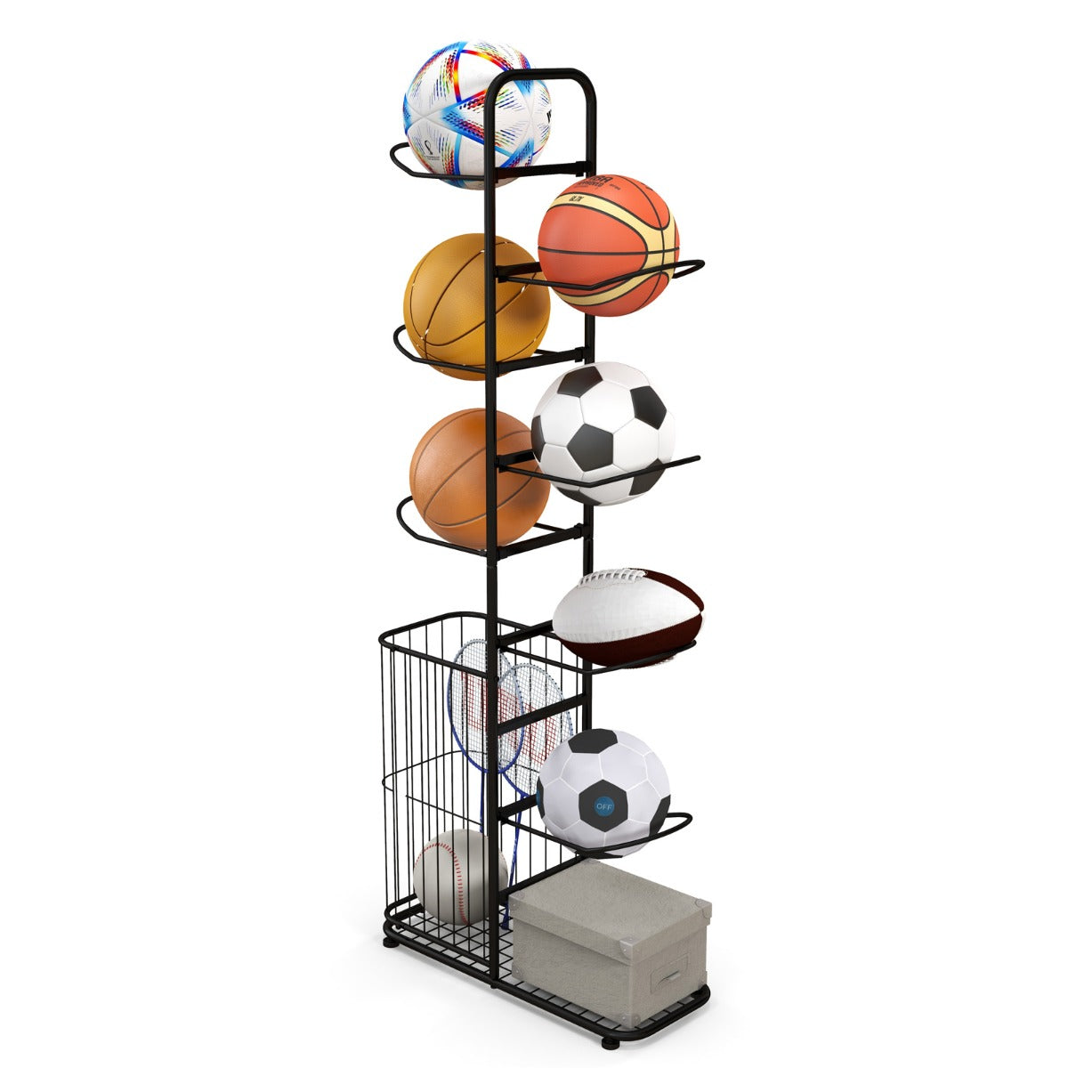 LIVSK Sportuitrusting Organizer - 7 Verwijderbare Stangen - Ballenmand en Bodemplank - Roestbestendig - Zwart