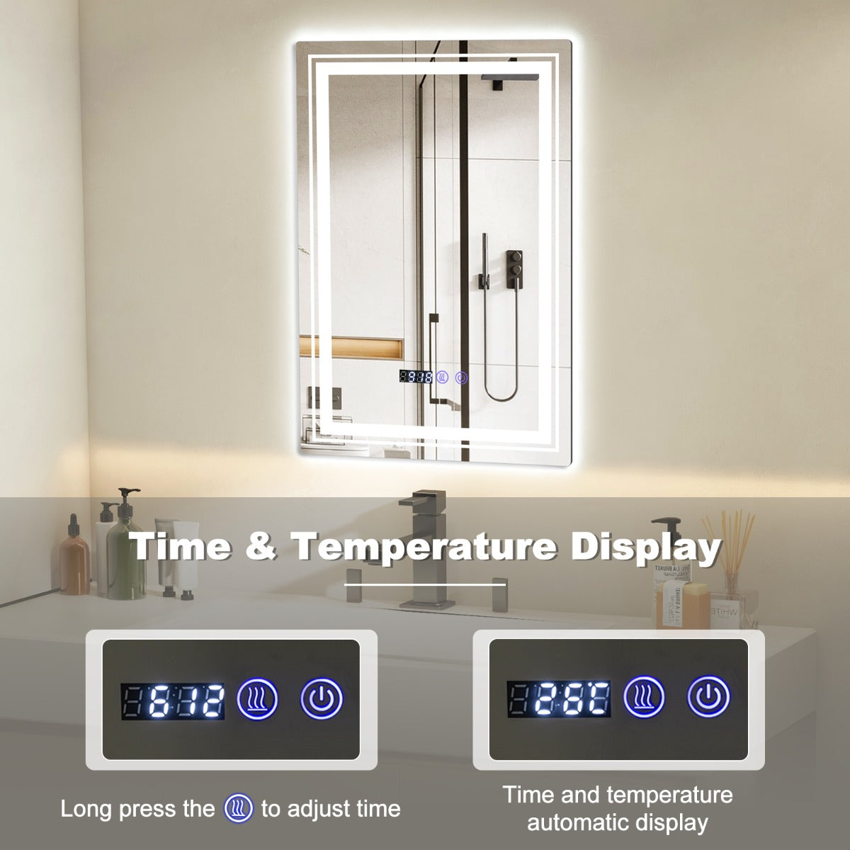 LIVSK Wandspiegel met Automatische Ontwaseming - 3 LED-lichteffecten - Onbreekbaar en Explosieveilig - 70 x 50 x 4 cm - Zilver