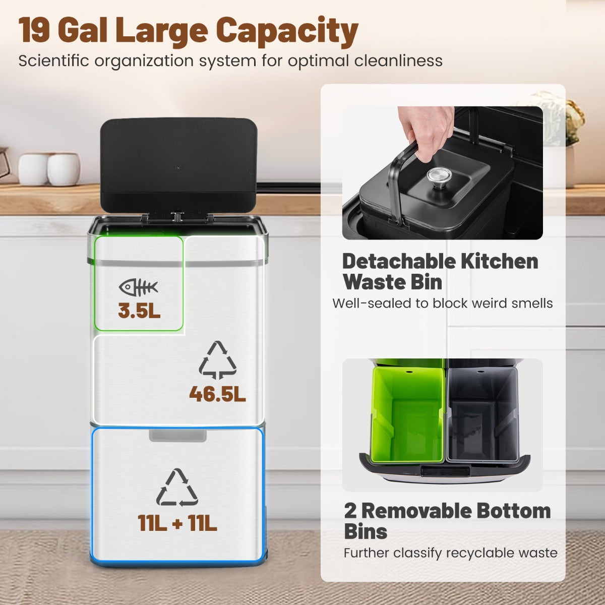 LIVSK Afvalcontainer met Bewegingssensor - 72L - 46,5L Bovenvak - 3,5L Bak - 2x11L Recycling - Roestvrij staal - Zilver